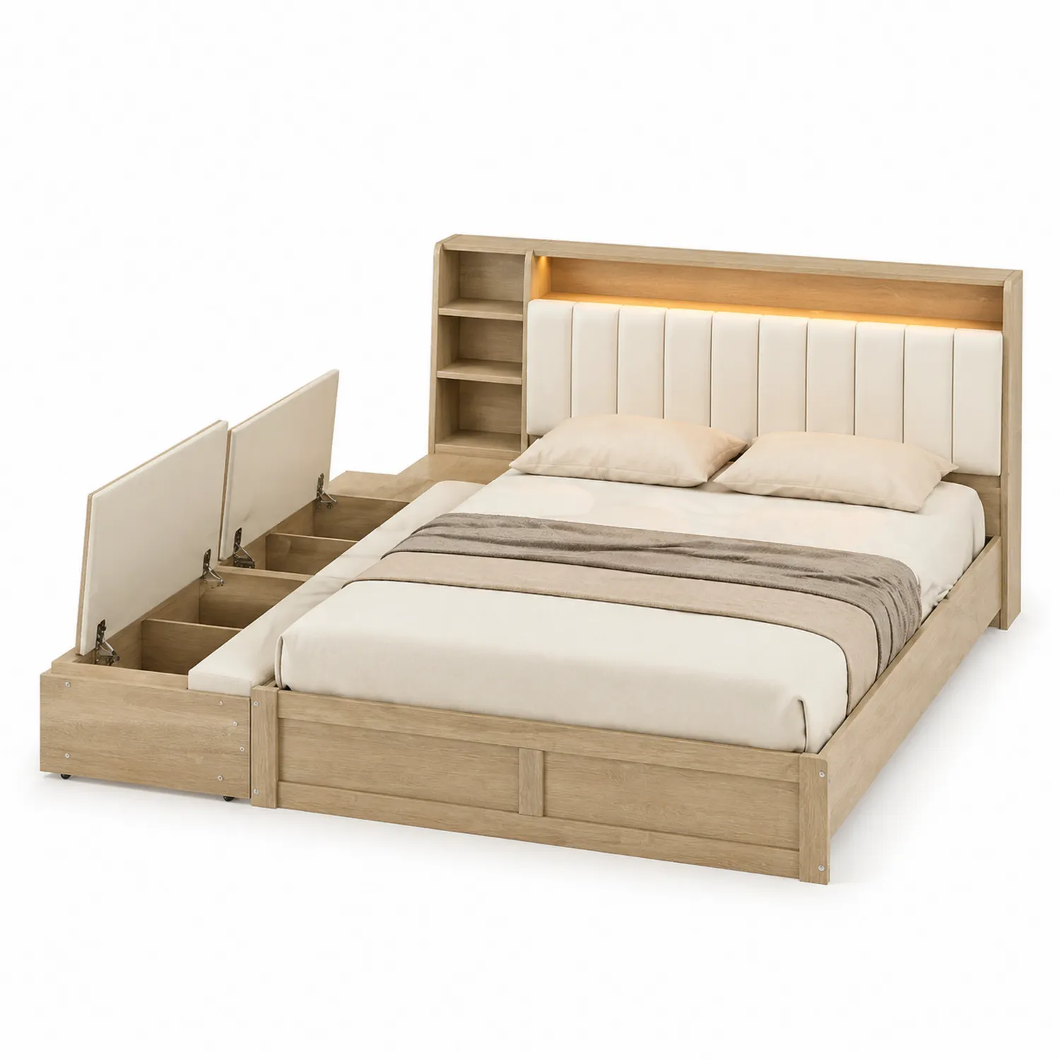 Holzbett mit Stauraum 200x180 cm Hellbraun Beige-Lumverohome