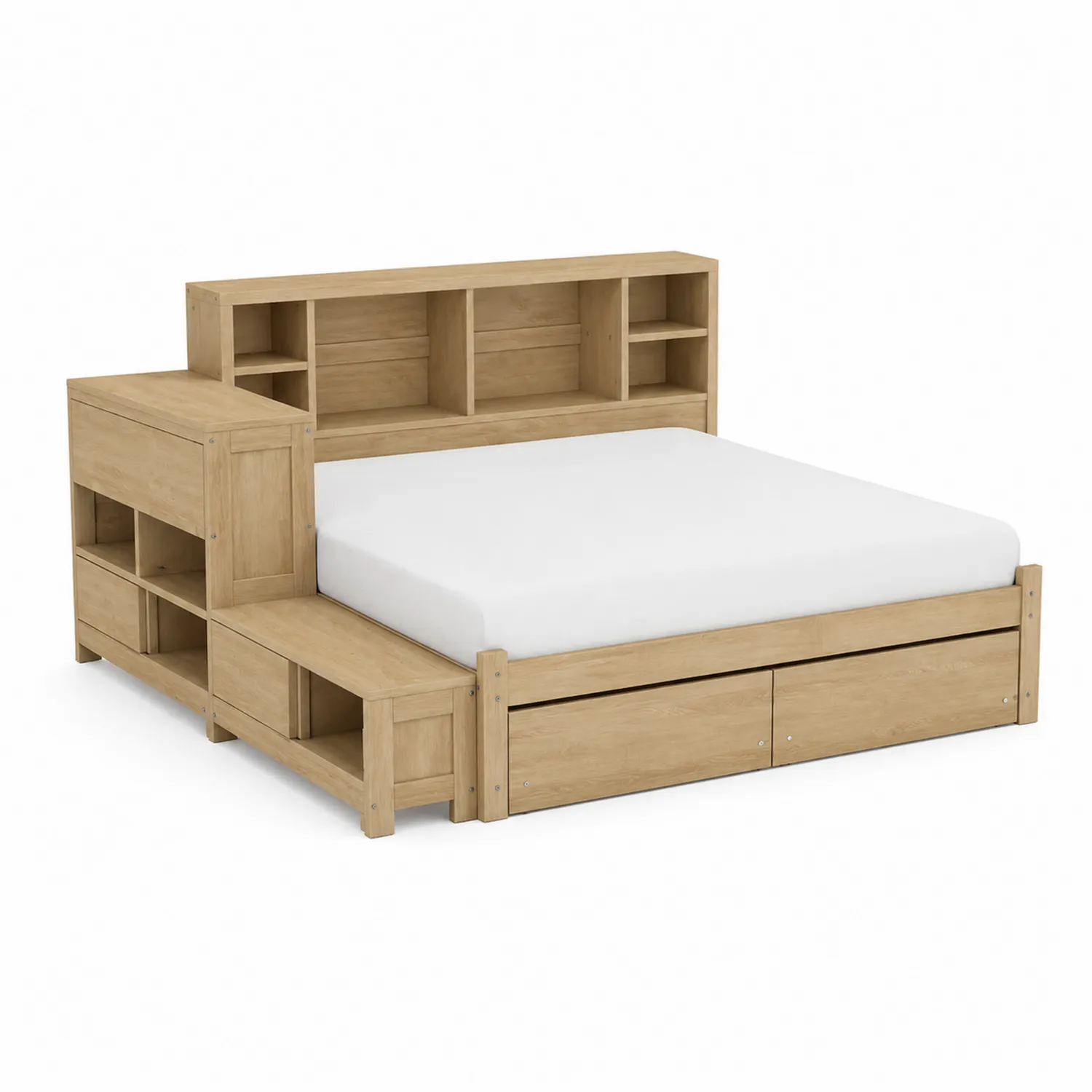 Bett aus Eichenholz mit Stauraum, Regal und Schubladen 200x160cm-Benrayzen