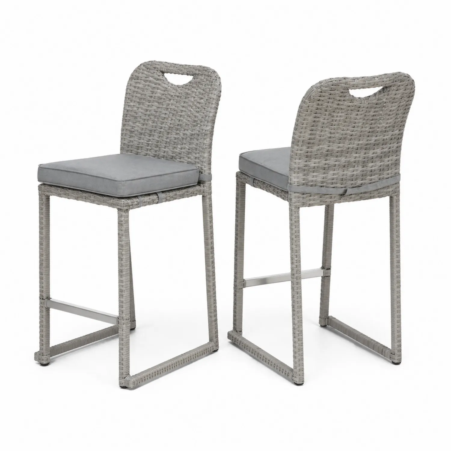Garten-Barhocker 2er-Set Polyrattan mit Polyesterkissen Grau-Benrayzen