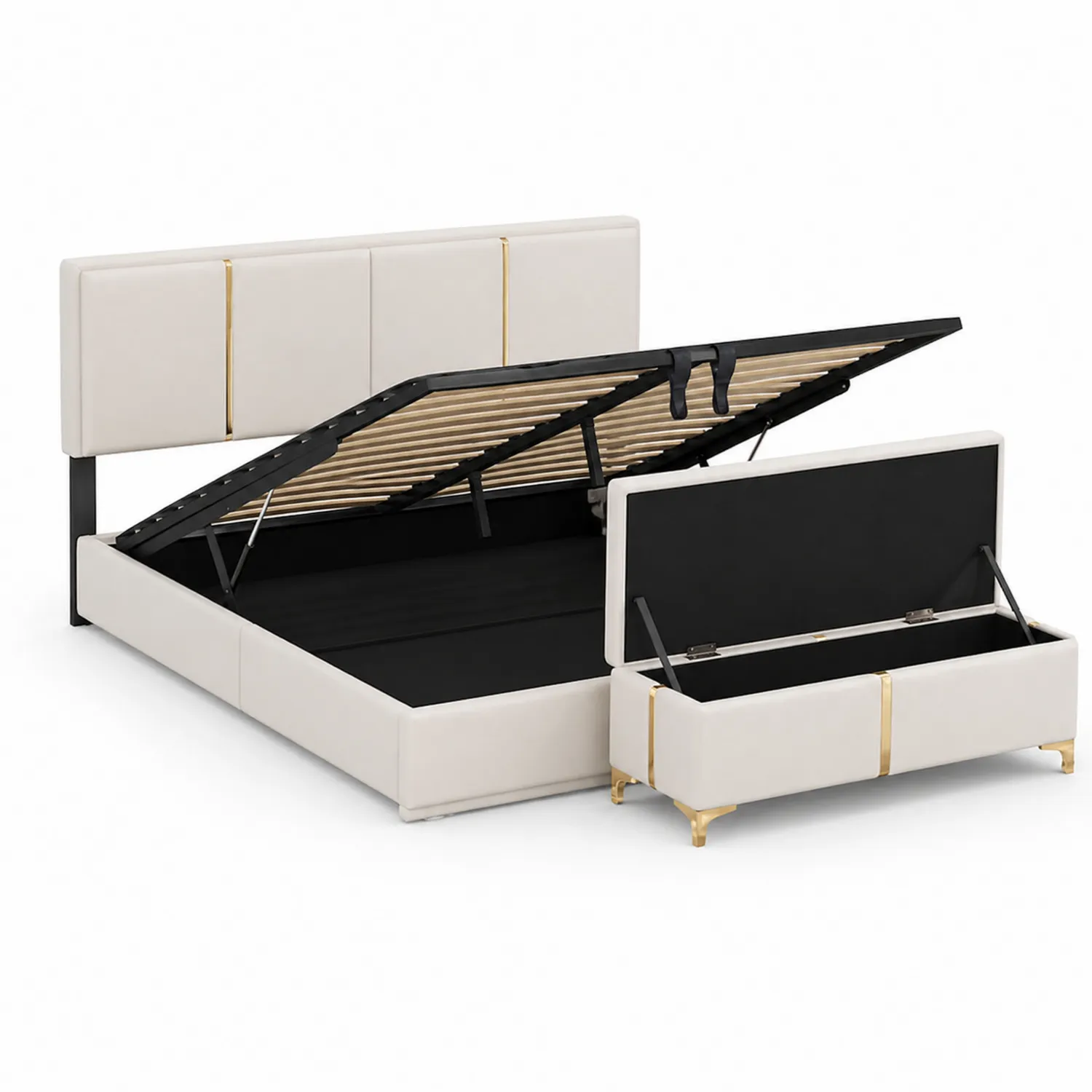 Bett mit Stauraum und Ottomane Set Kunstleder 200x160 cm Beige-Benrayzen