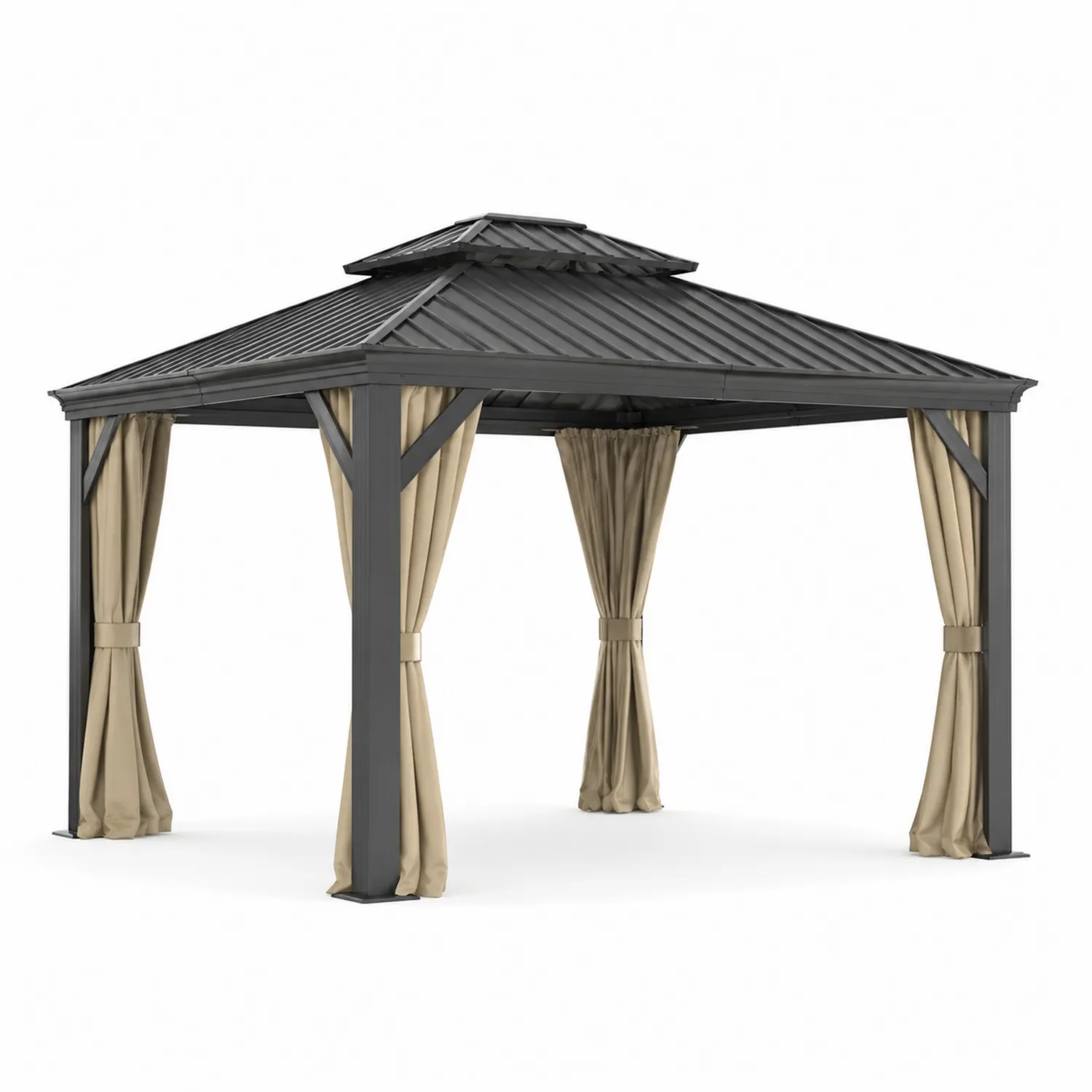 Cenador de Aluminio con Techo de Acero y Cortinas de Poliéster 3x3m