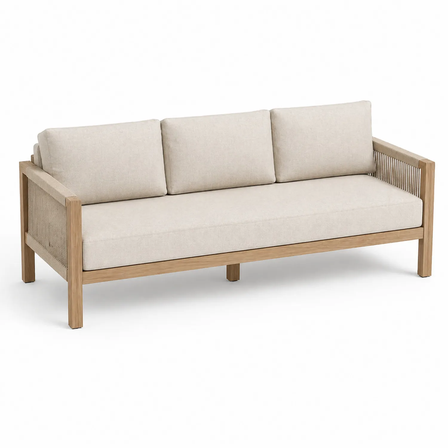 Sofá de exterior de 3 plazas madera de teca y cojines beige