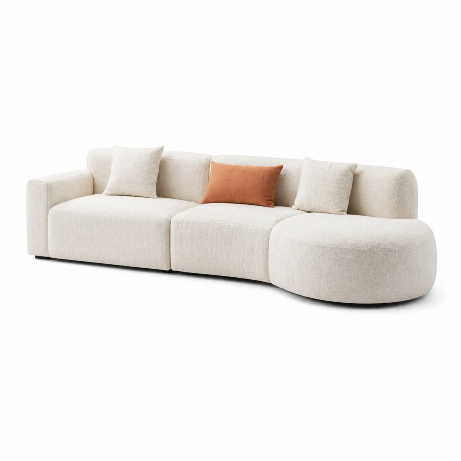 Sofá seccional de tela con chaise longue curvado en blanco crema