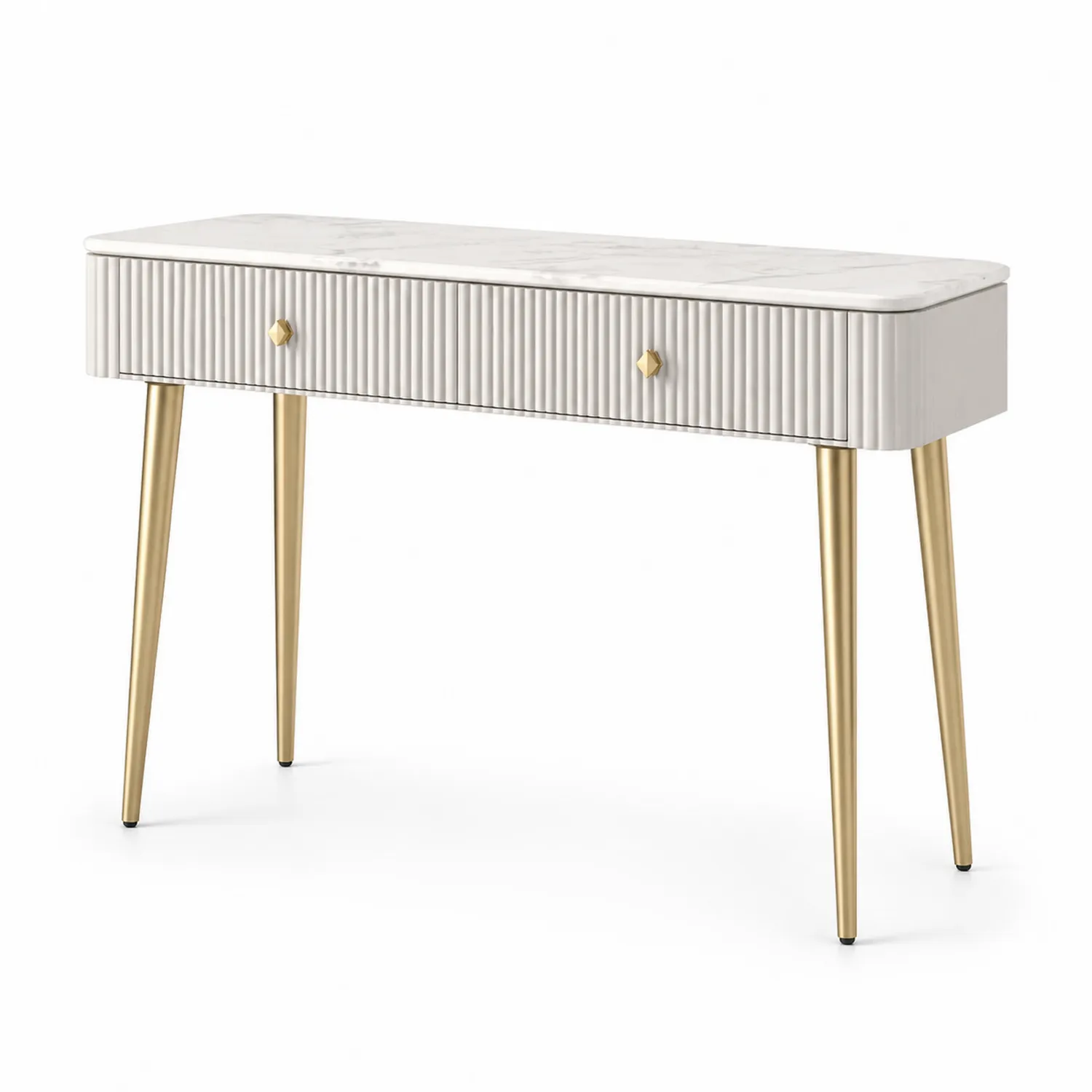Mesa de madera con acabado en mármol y patas de metal dorado