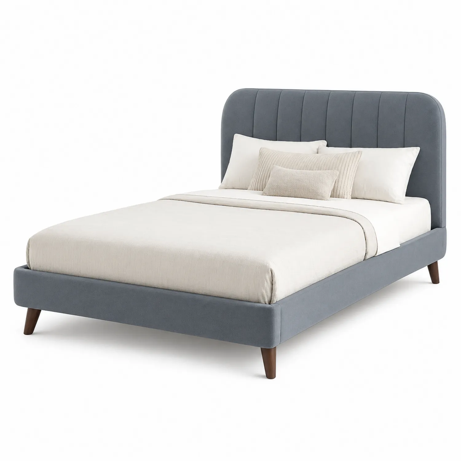 Cama Doble de Lino Gris y Madera