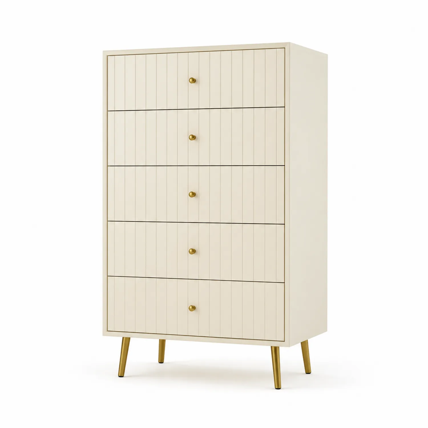 Cajonera alta de madera contrachapada con 5 cajones y patas metálicas doradas