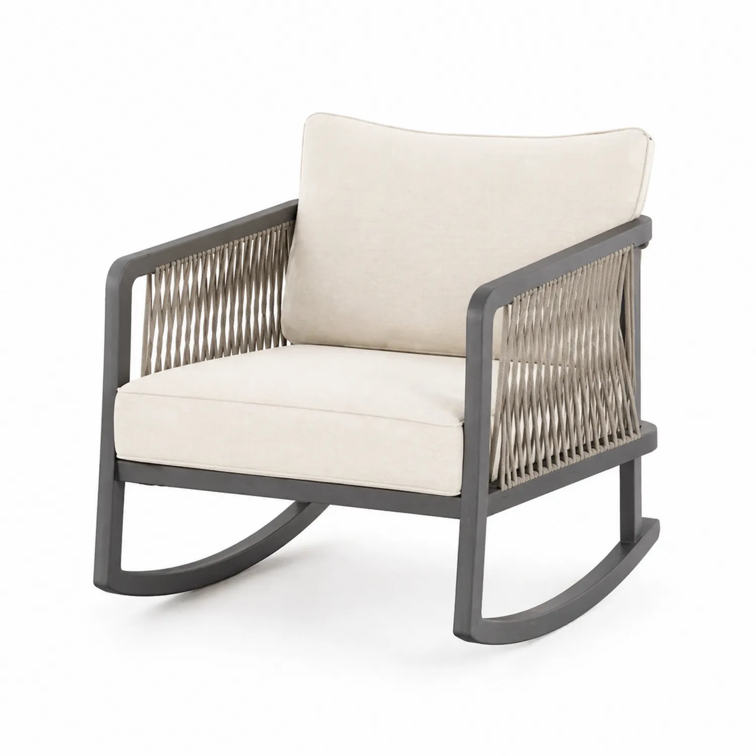 Mecedora de jardín de aluminio y cuerda sintética gris y cojines beige