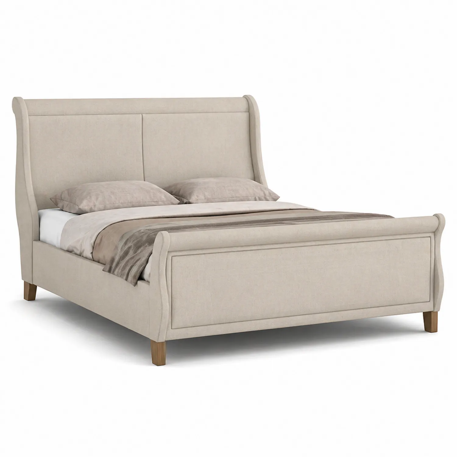 Cama doble tapizada en poliéster beige con estructura de madera de 200x180 cm