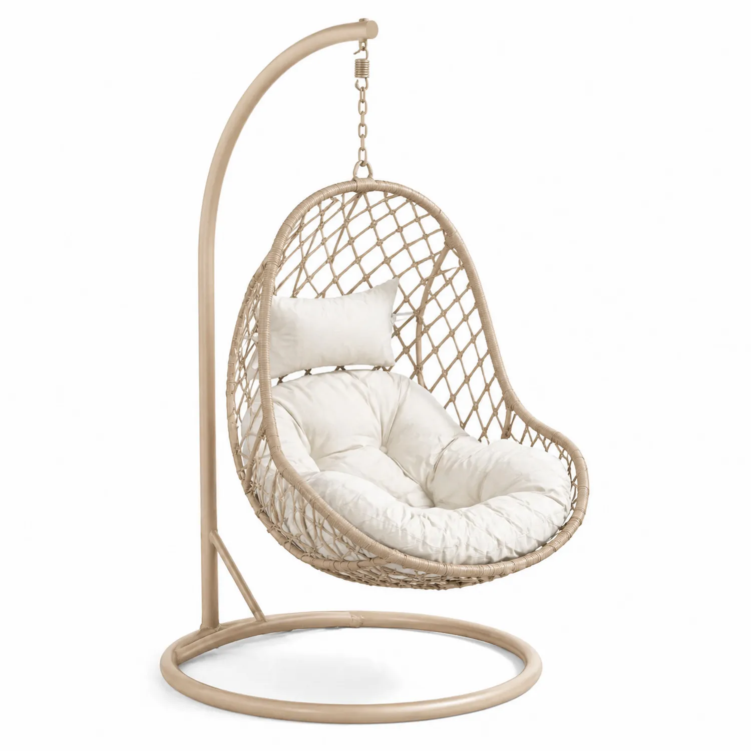 Silla colgante de ratán sintético con estructura de metal y cojines crema