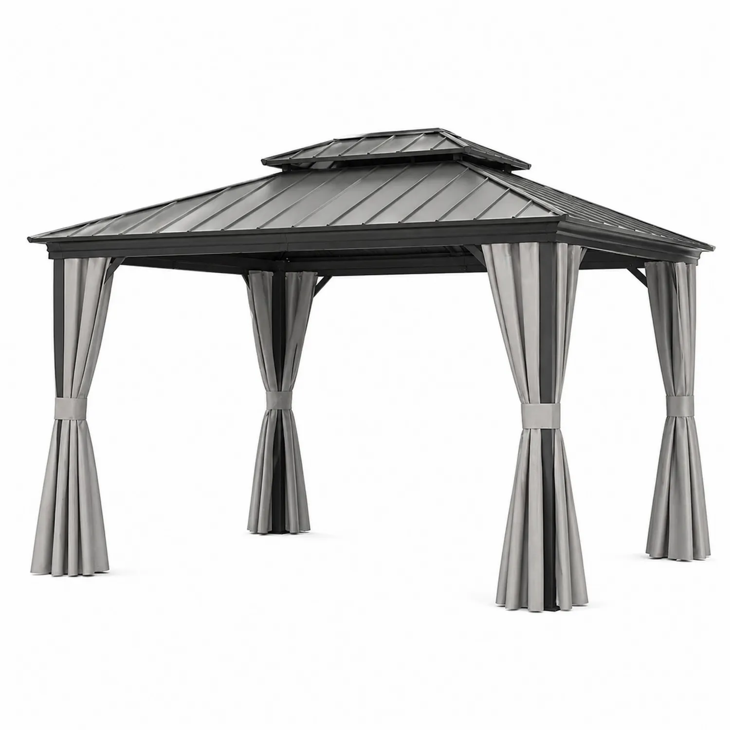 Cenador de Aluminio con Techo de Acero y Cortinas de Poliéster Gris