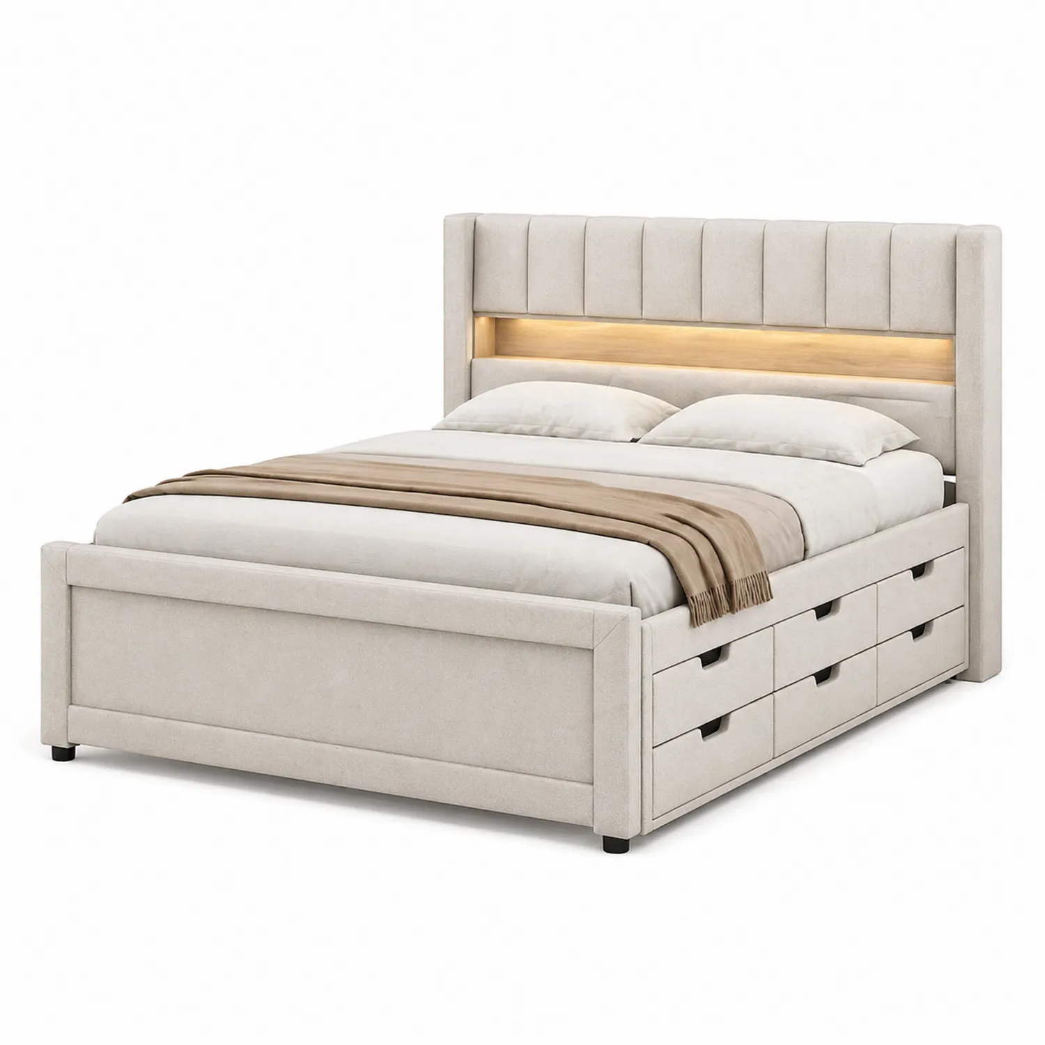 Cama de madera con almacenamiento y luces LED en tela beige
