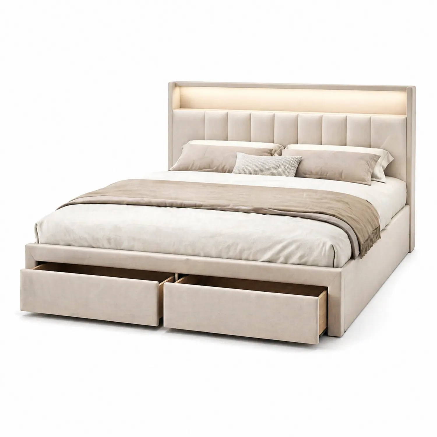Cama doble de tela con almacenamiento y luz LED beige 200x160 cm
