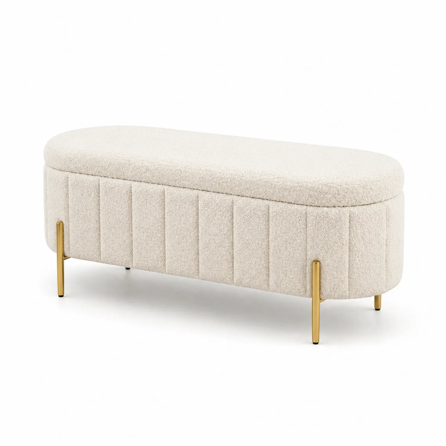 Banco tapizado en poliéster beige con patas doradas