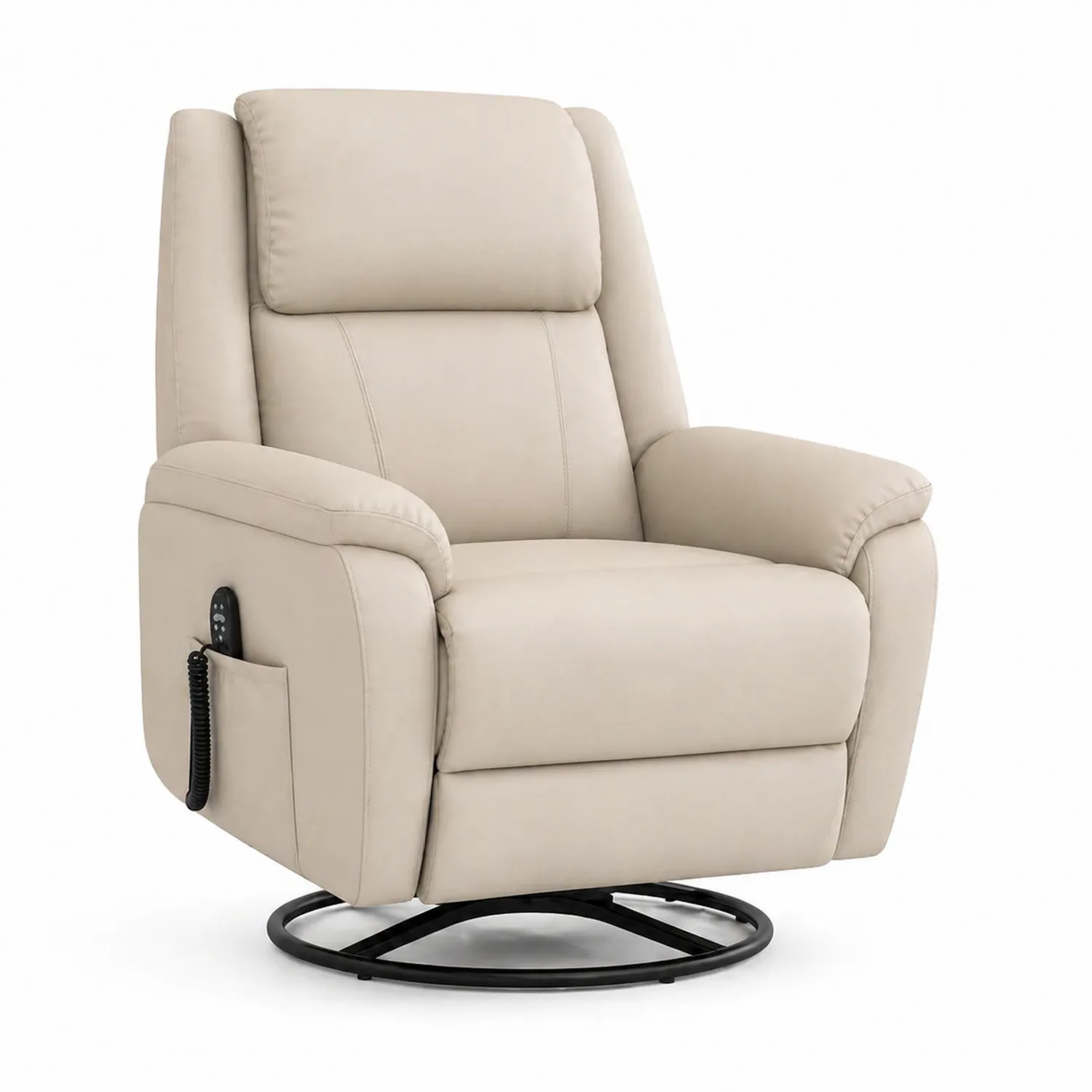 Sillón reclinable giratorio de cuero sintético beige con masaje