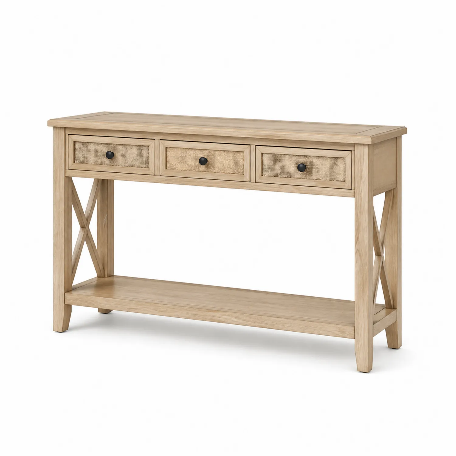 Mesa de madera con cajones de ratán y estante 120x35x85 cm