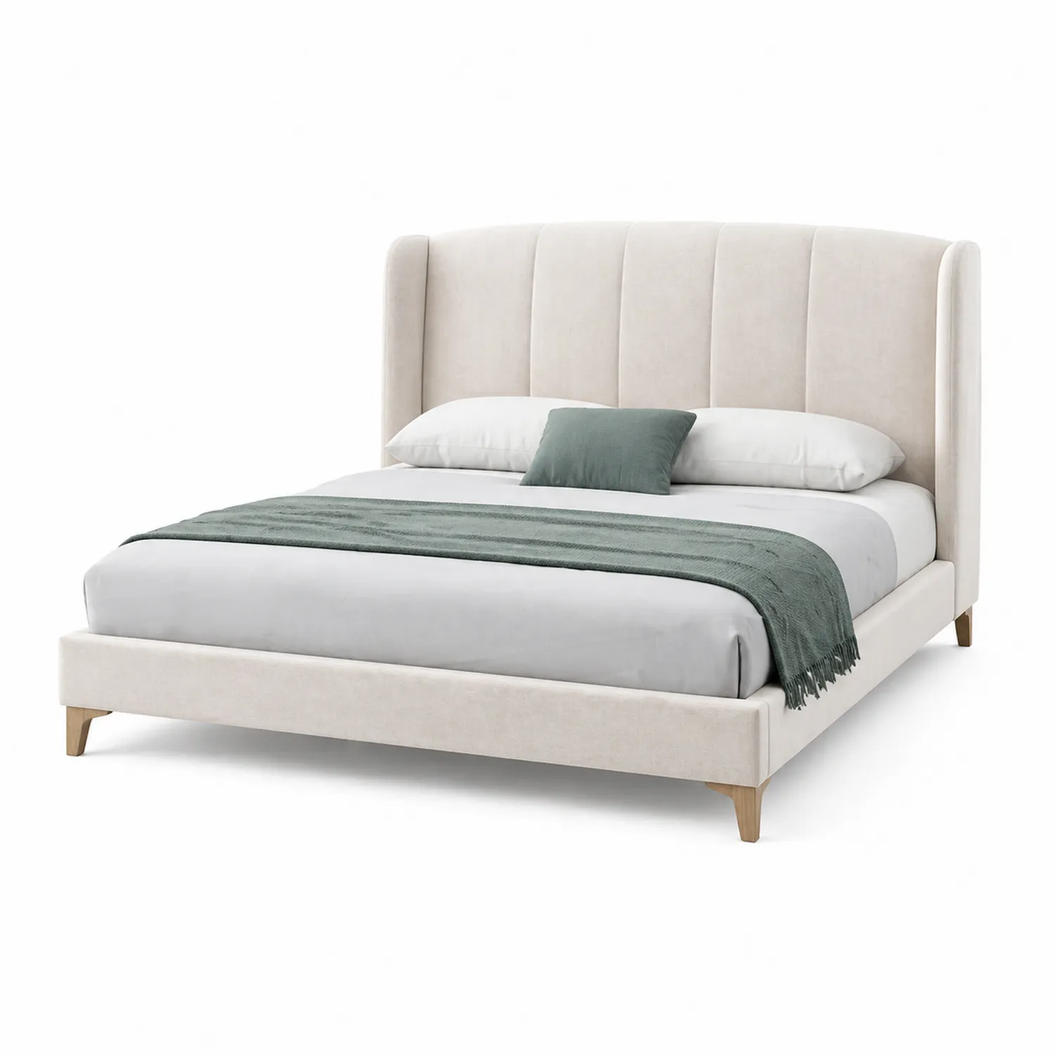 Cama doble con cabecero curvo tapizado en tela
