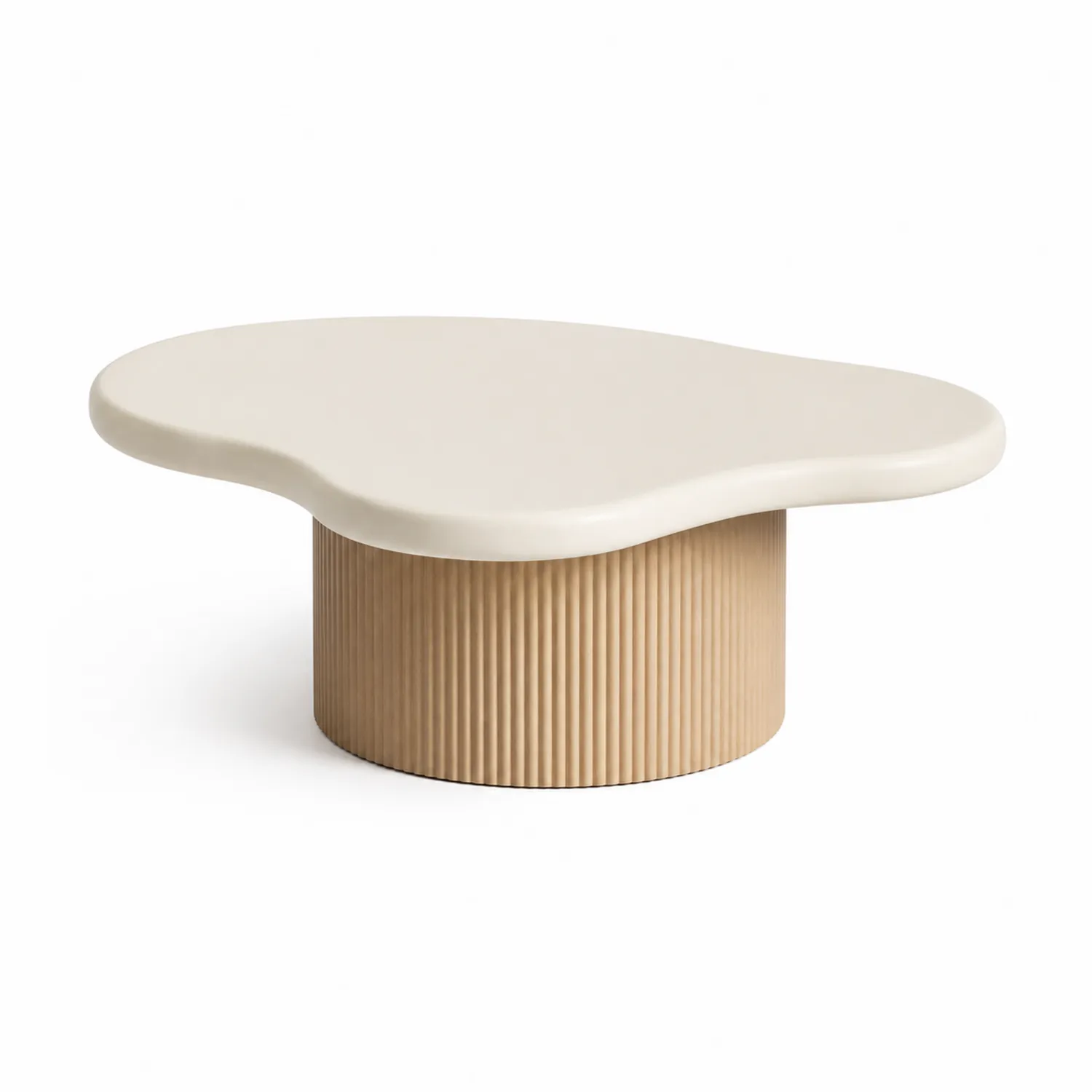 Mesa de centro asimétrica de resina y base de madera crema
