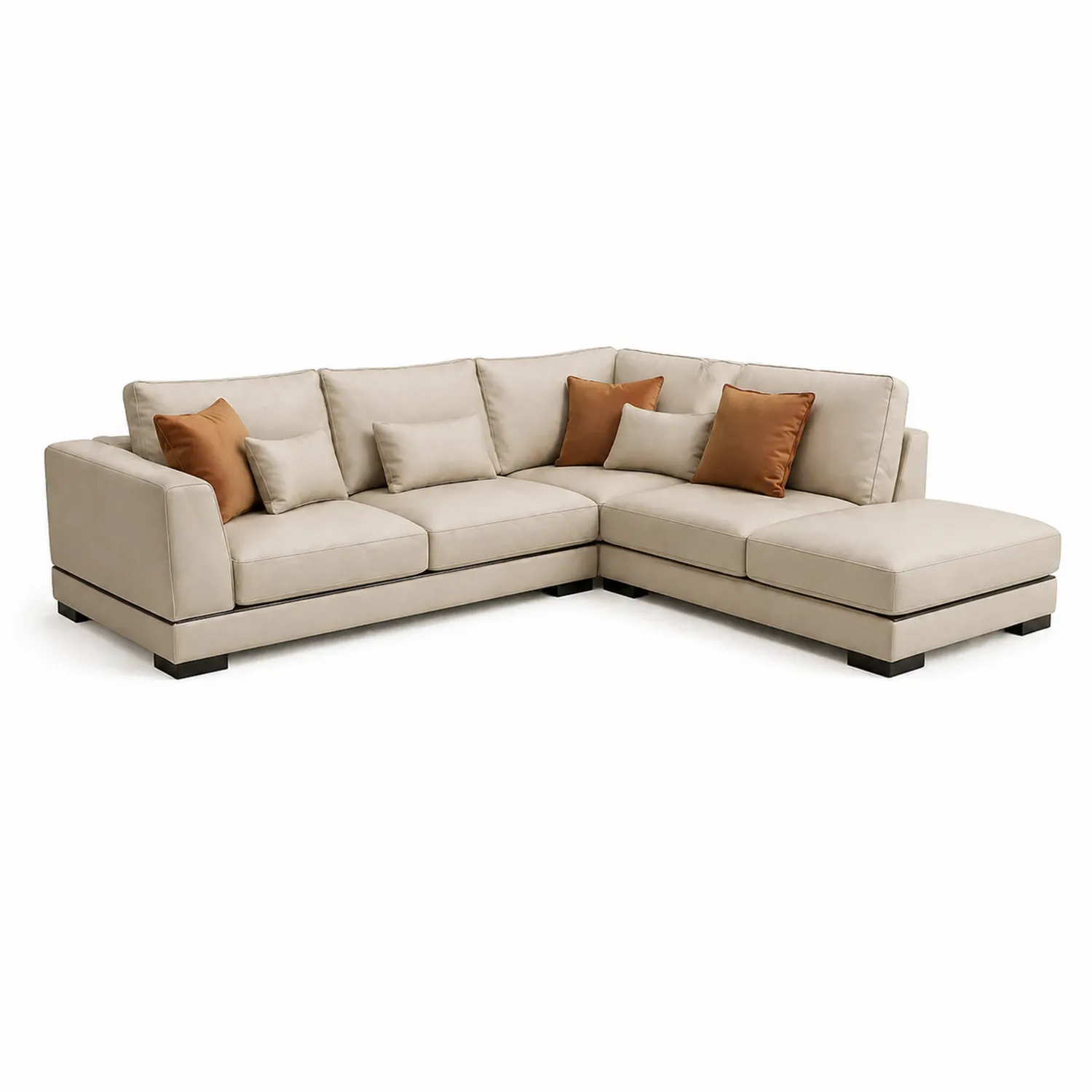 Sofá esquinero de poliéster beige con chaise longue y cojines