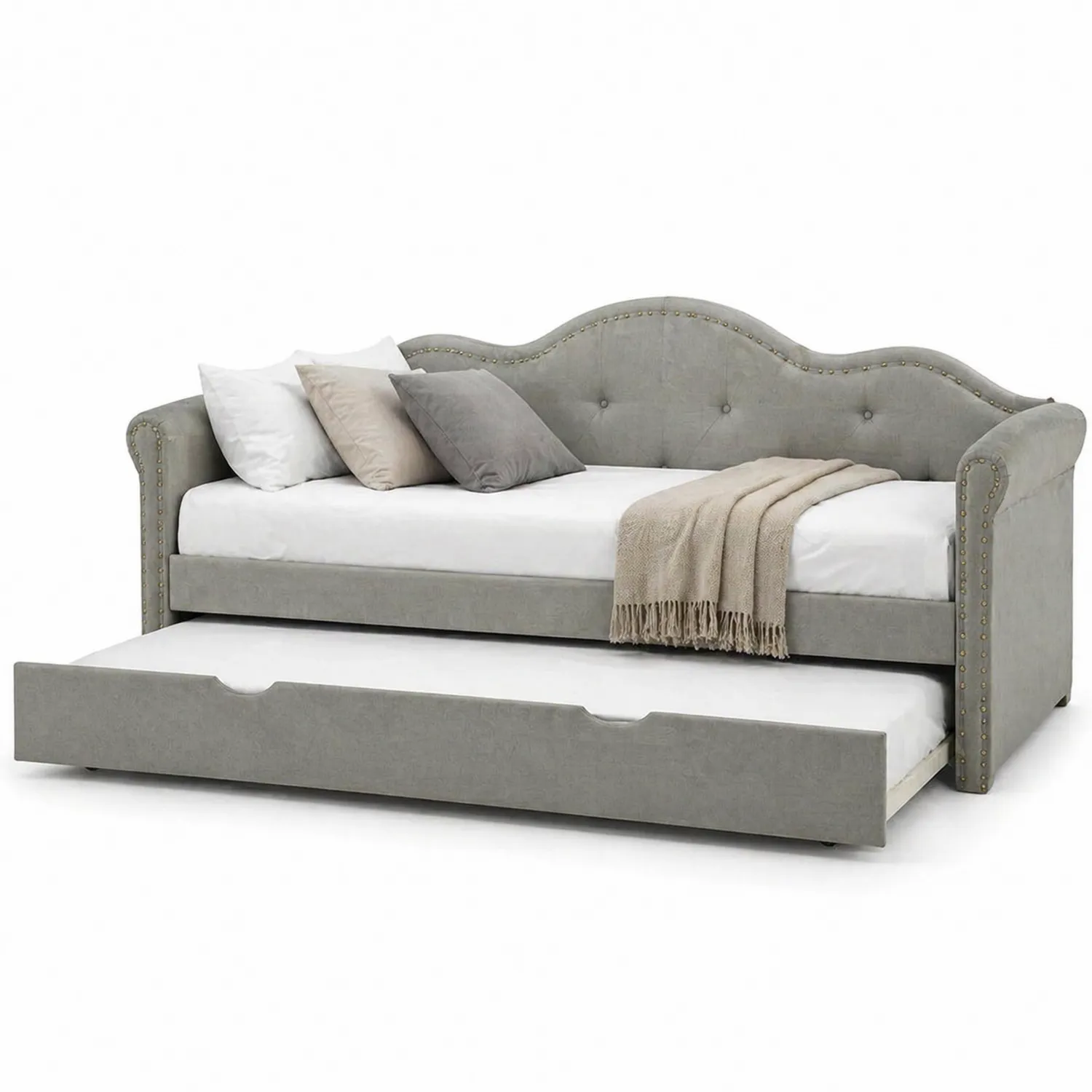 Cama de día con nido tapizada en poliéster gris 200x90x80 cm