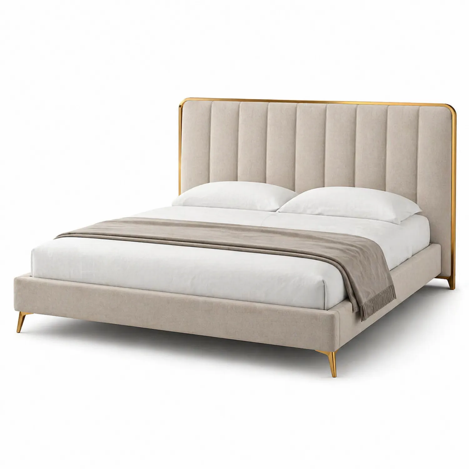 Cama tapizada en tela beige con patas metálicas doradas