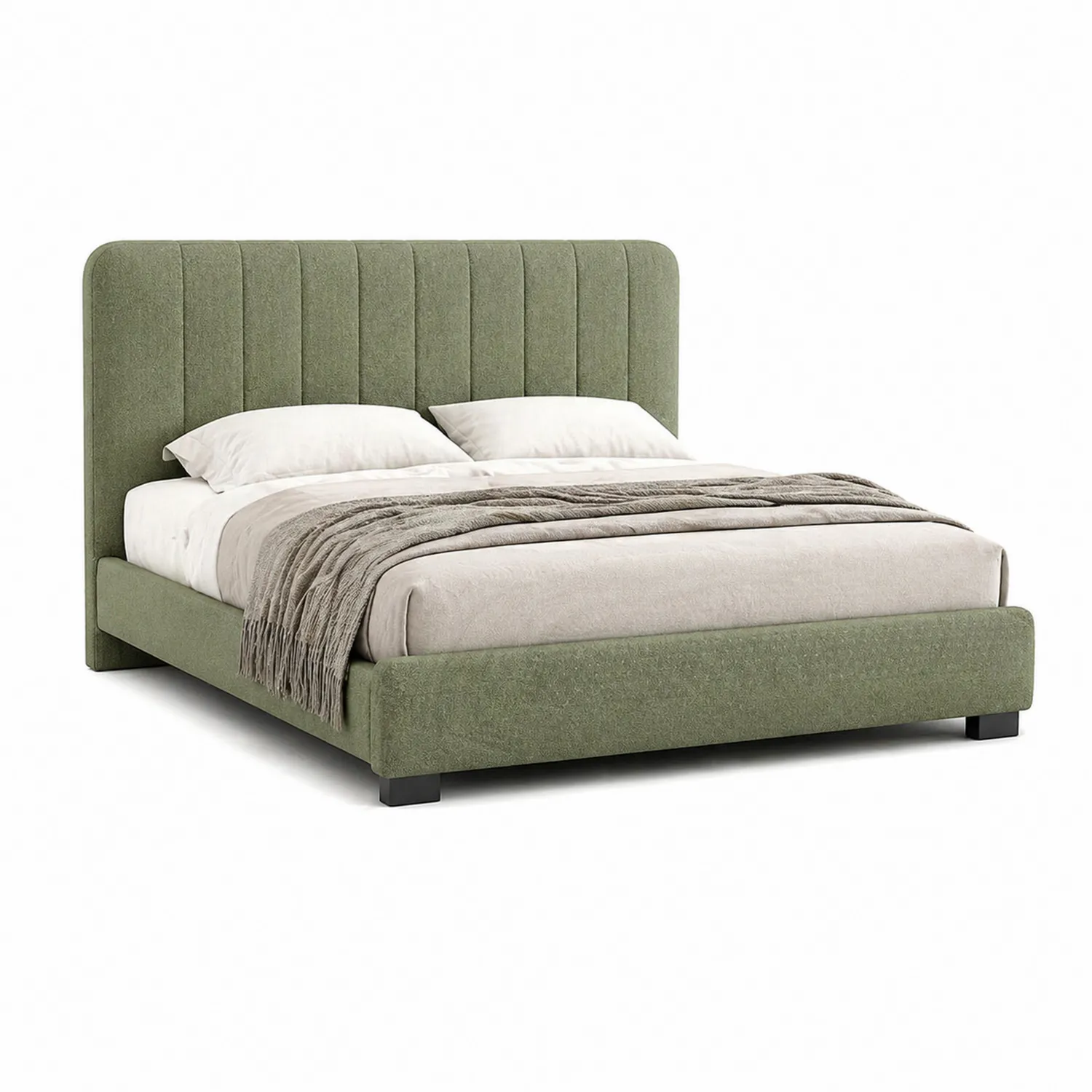 Cama doble tapizada en tela verde 200x160 cm estructura de madera