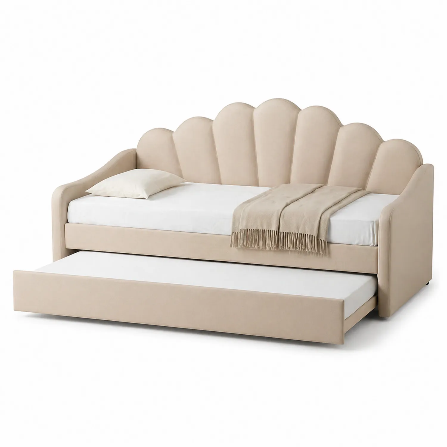 Cama de día tapizada de tela con cajón extraíble Beige