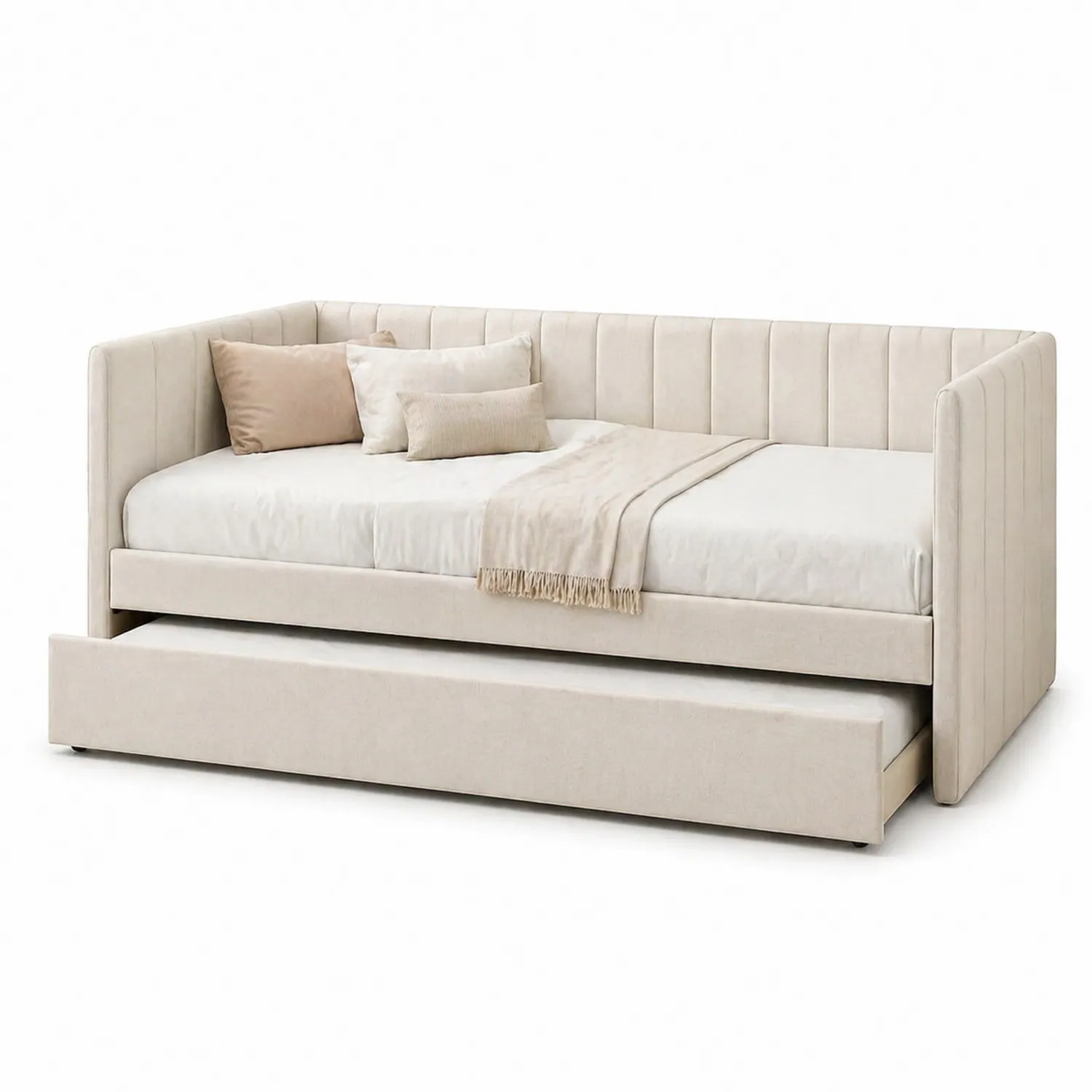 Cama de día tapizada con almacenamiento y colchón de espuma 200x90 cm Crema