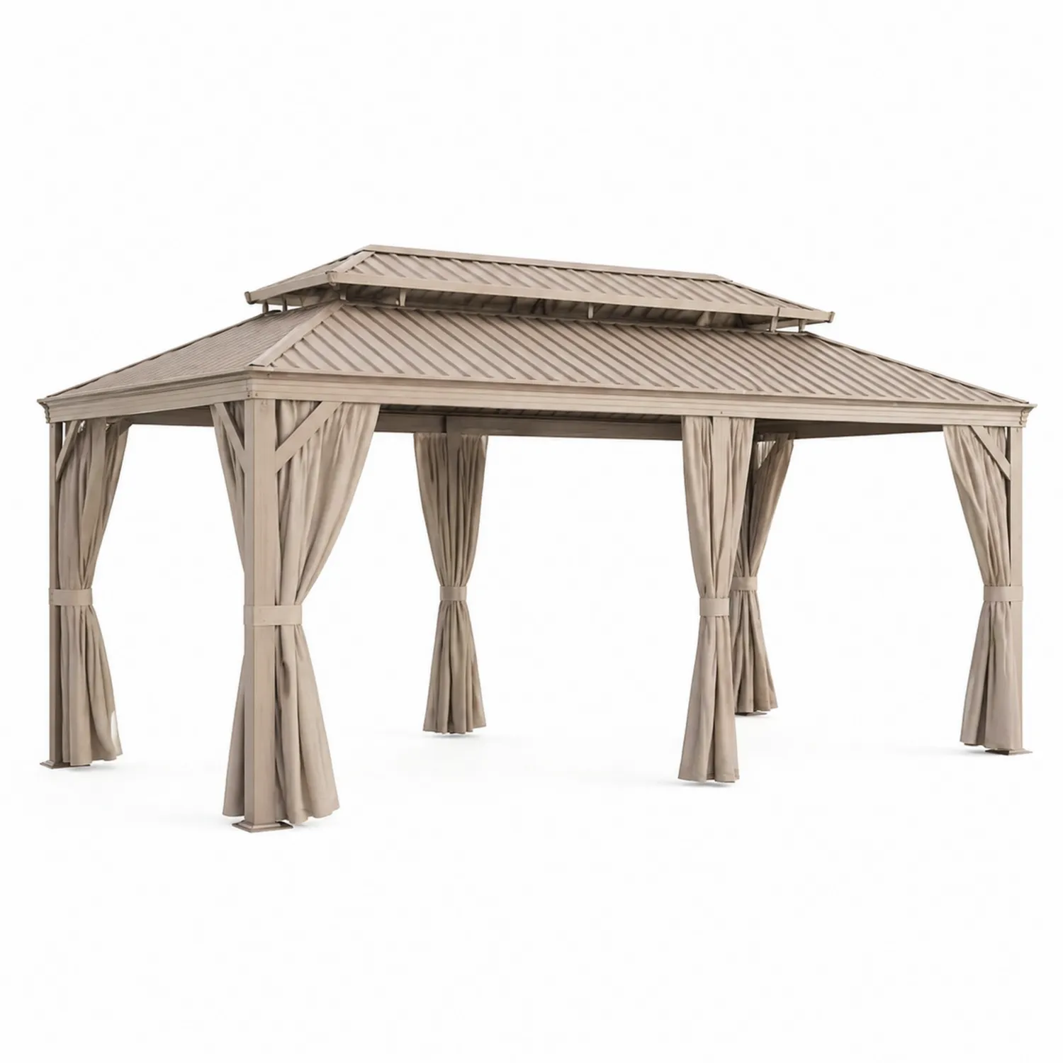 Cenador de Aluminio con Techo Doble y Cortinas de Poliéster Beige