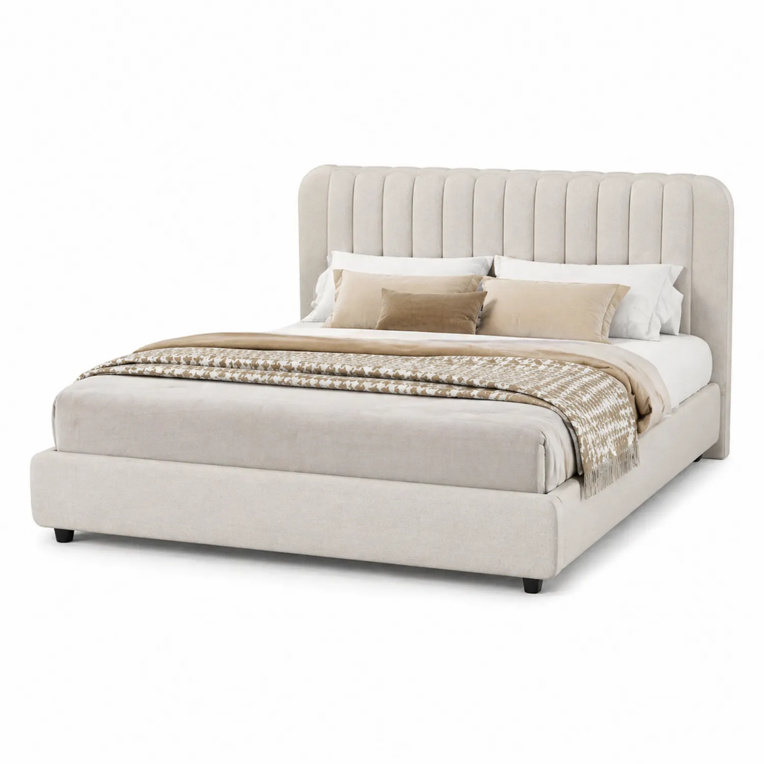 Cama doble de madera maciza y poliéster beige
