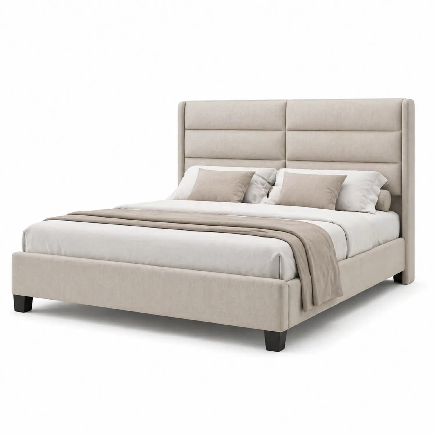 Cama doble de tela beige con cabecera alta 200x180 cm