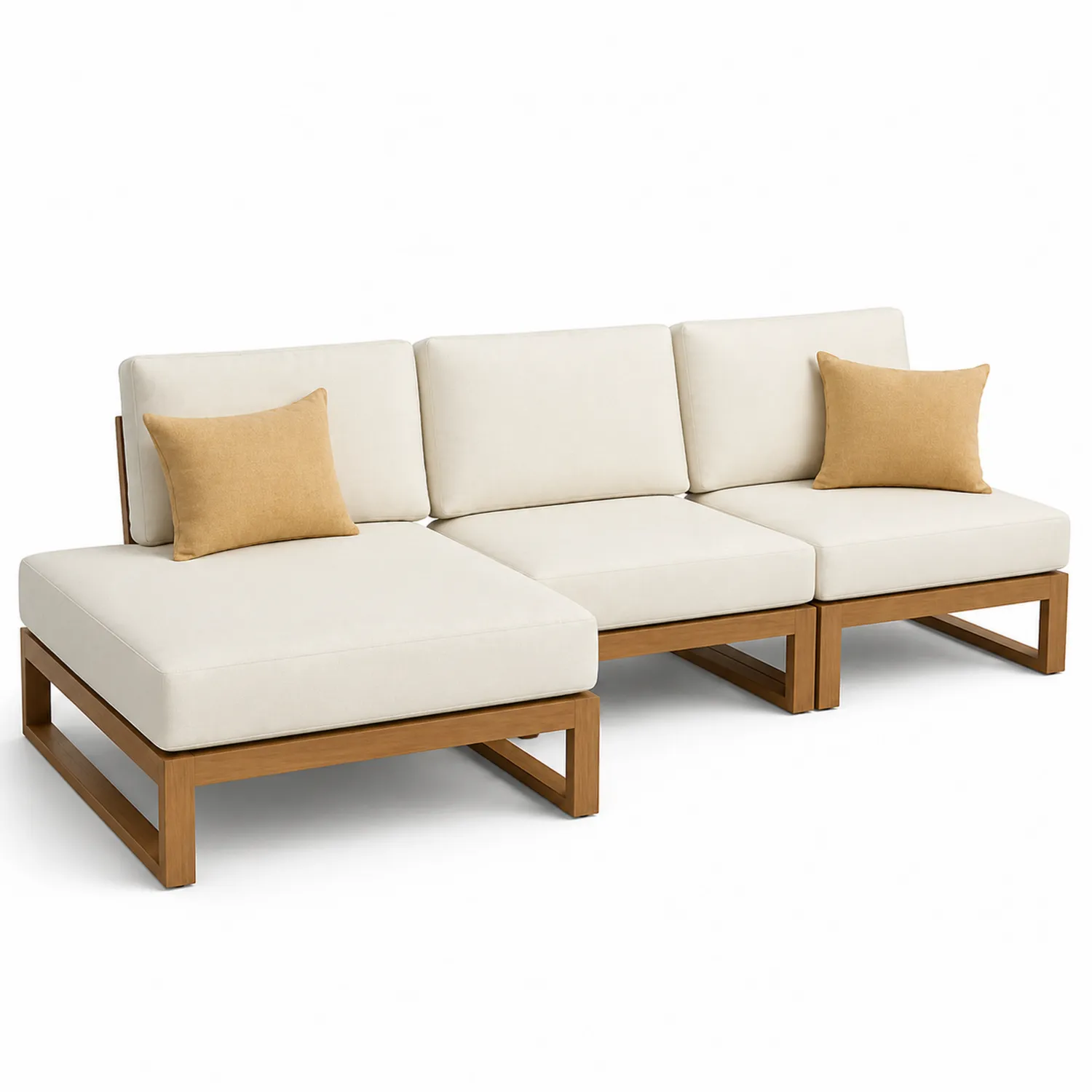 Sofá Seccional de Madera de Teca y Cojines Beige