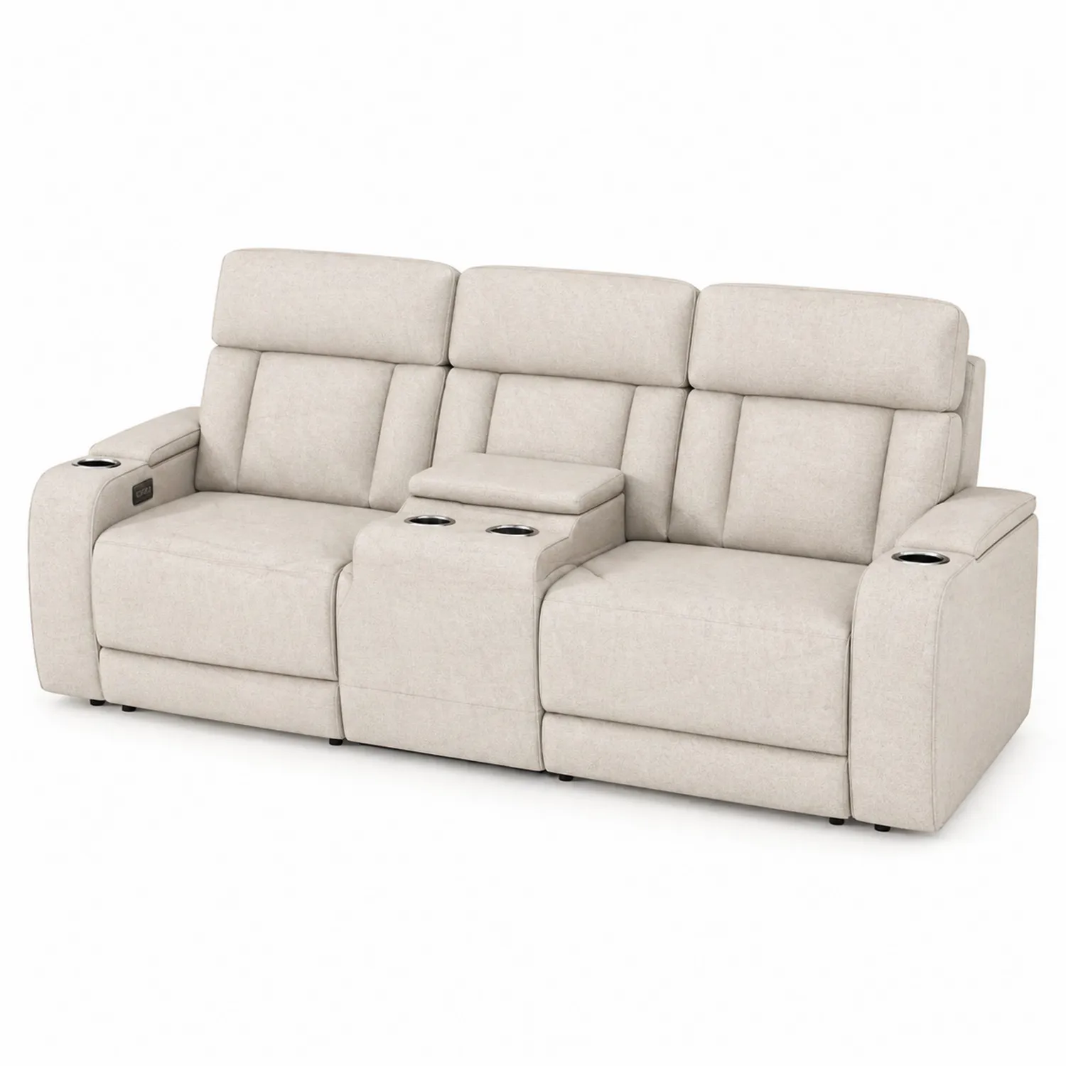 Sofá reclinable de tela beige con portavasos