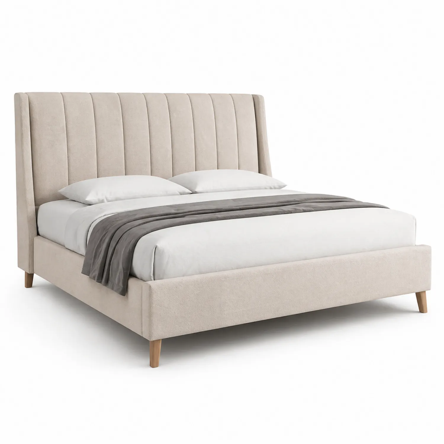 Cama doble tapizada en poliéster beige con cabecero y patas de madera 200x160 cm