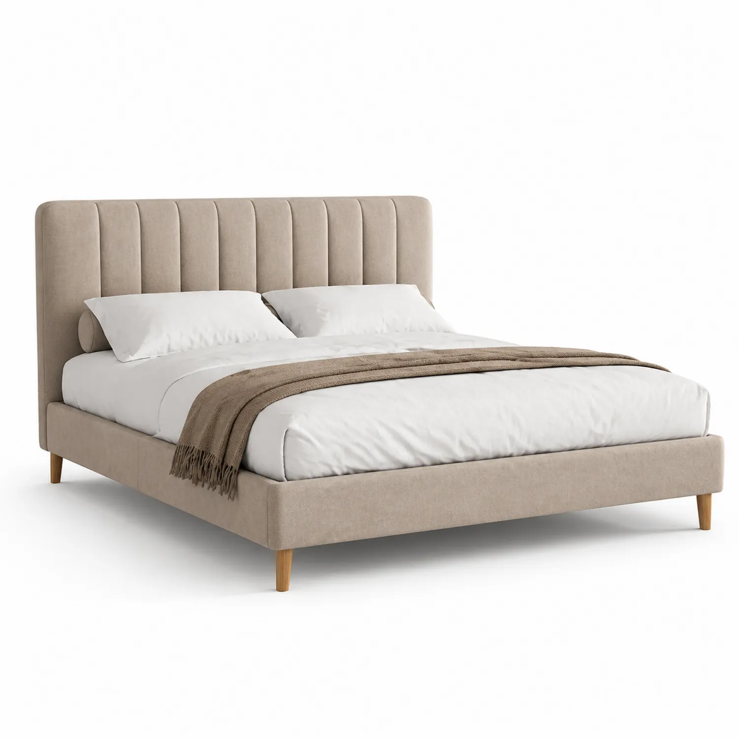 Cama doble tapizada en tela de poliéster beige con estructura de madera de 160x200 cm