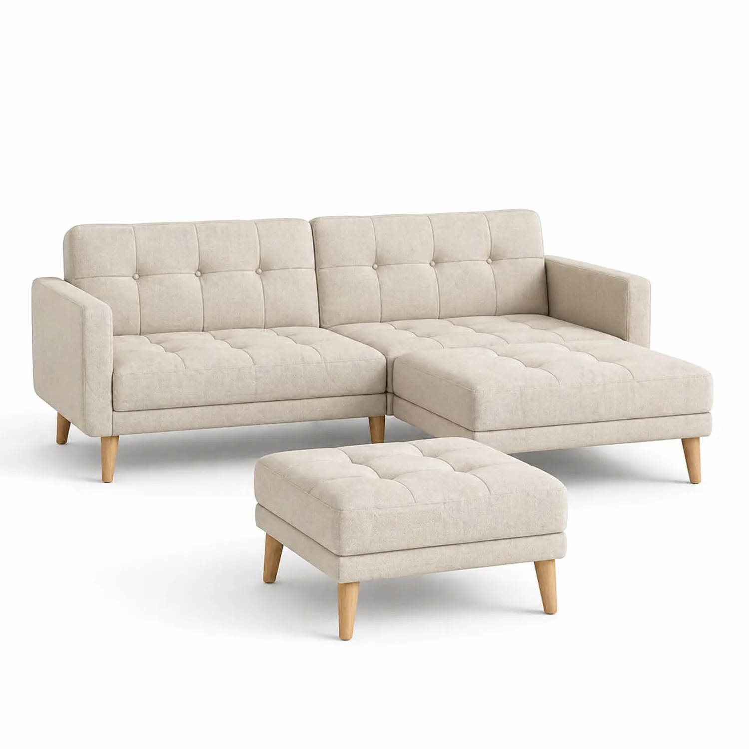 Sofá seccional de tela beige con chaise longue y otomana