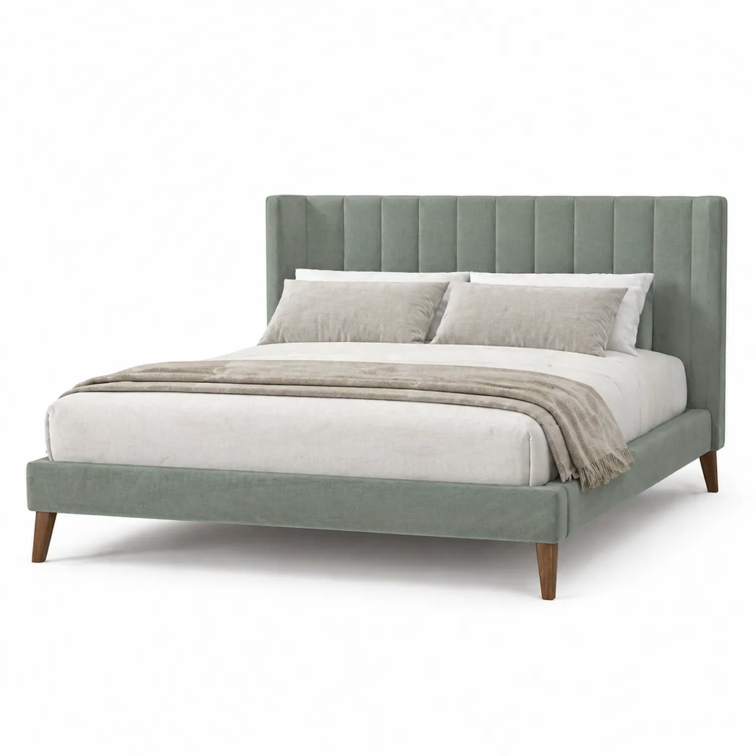 Cama doble de madera y poliéster verde con cabecero alto