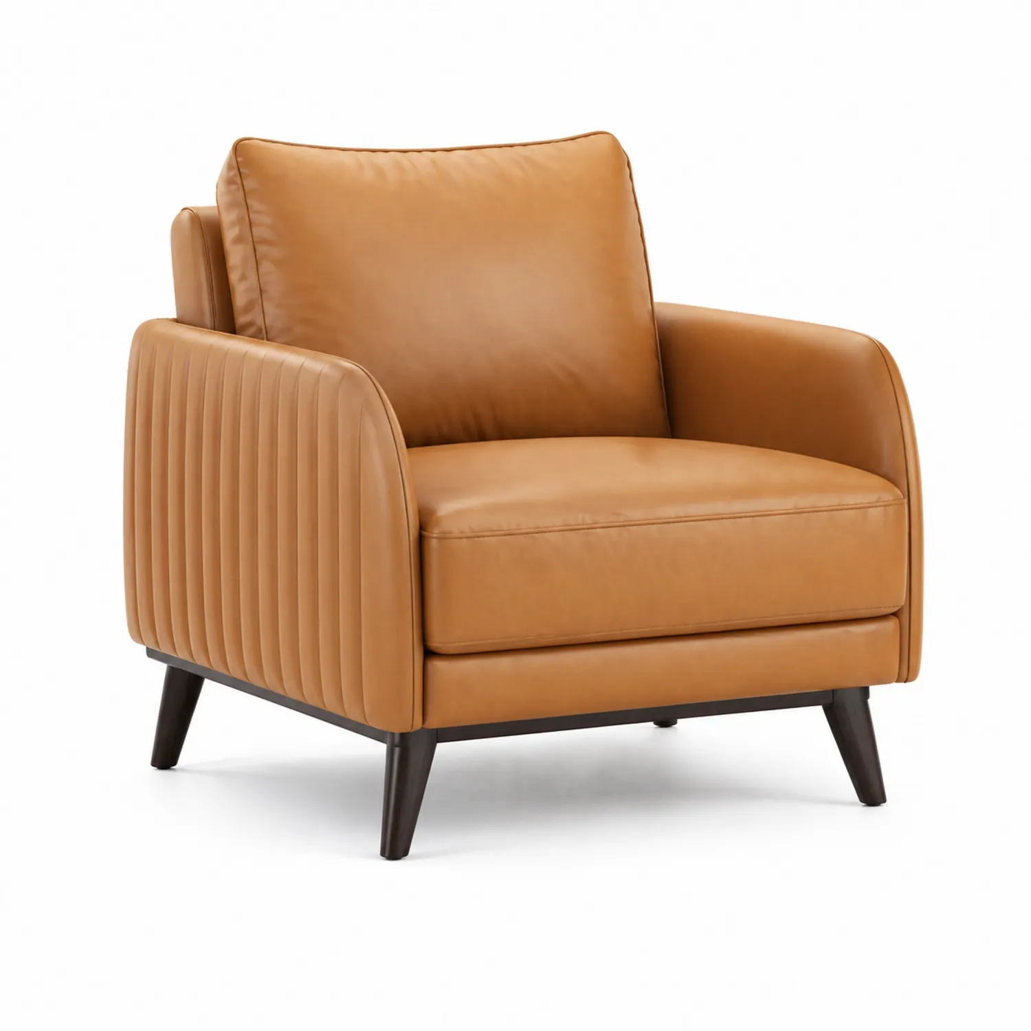 Sillón de cuero sintético marrón con patas de madera