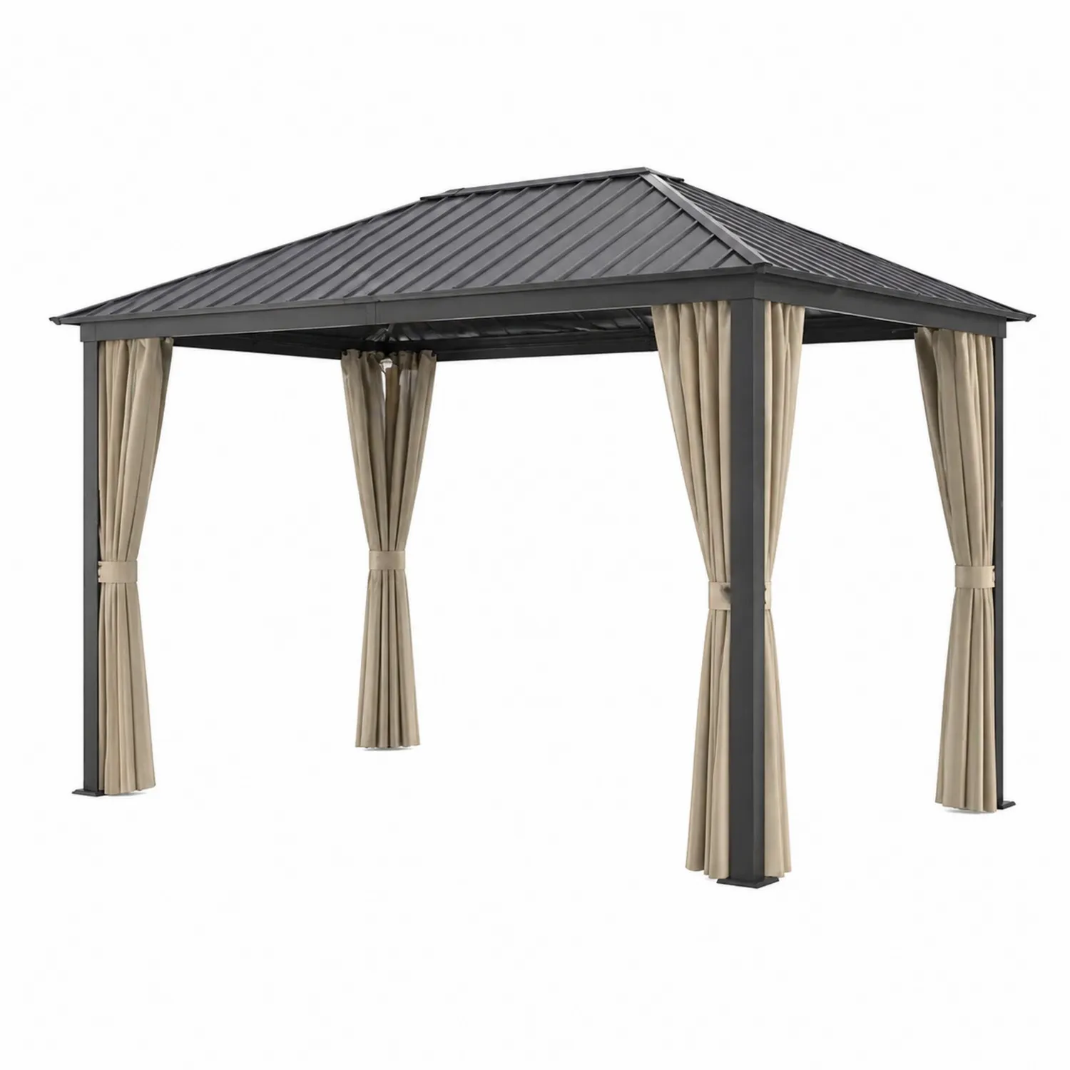 Cenador de Aluminio con Techo de Acero y Cortinas de Poliéster 400x300 cm Gris/Beige