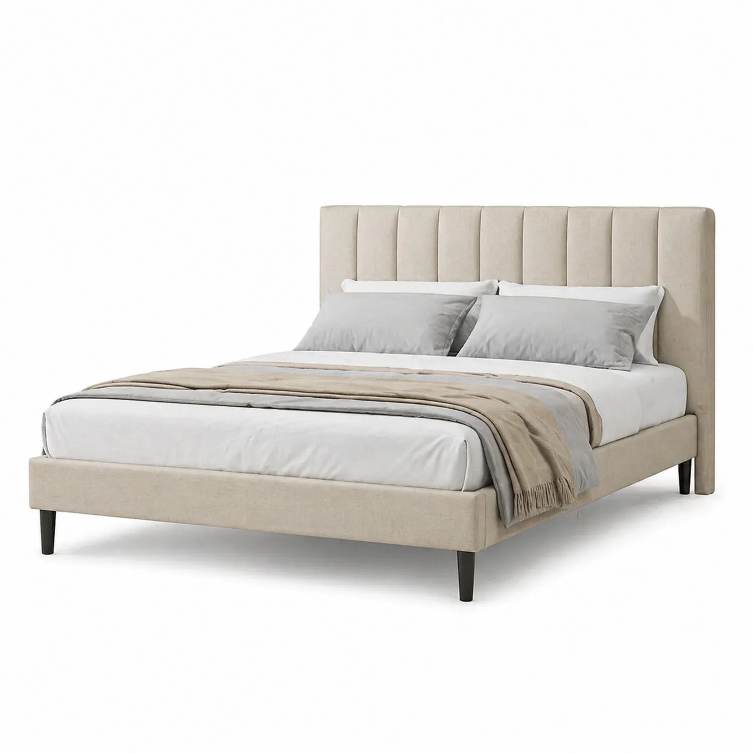 Cama doble de madera y lino beige con cabecero acolchado