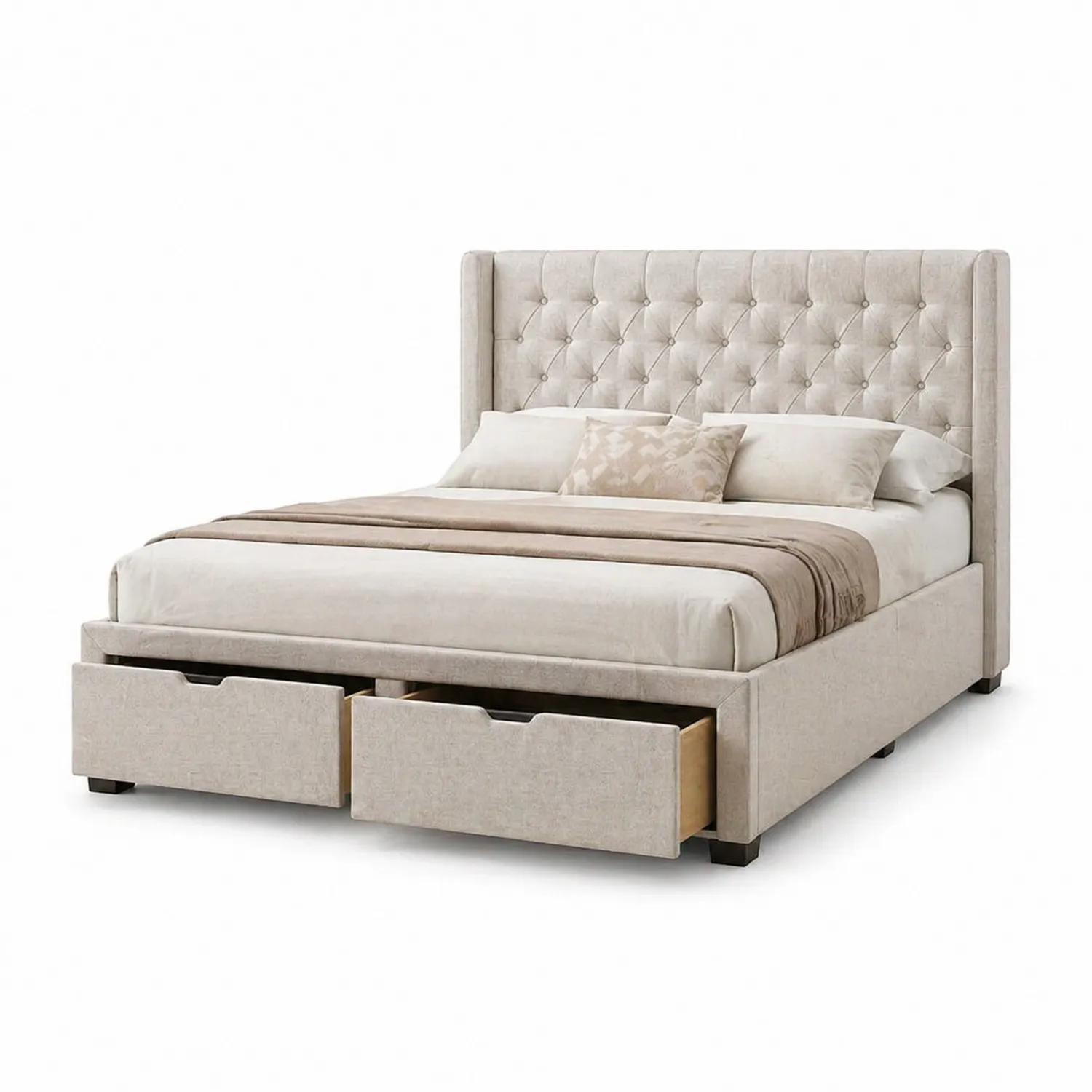 Cama doble con cajones tapizada en lino beige 200x160 cm