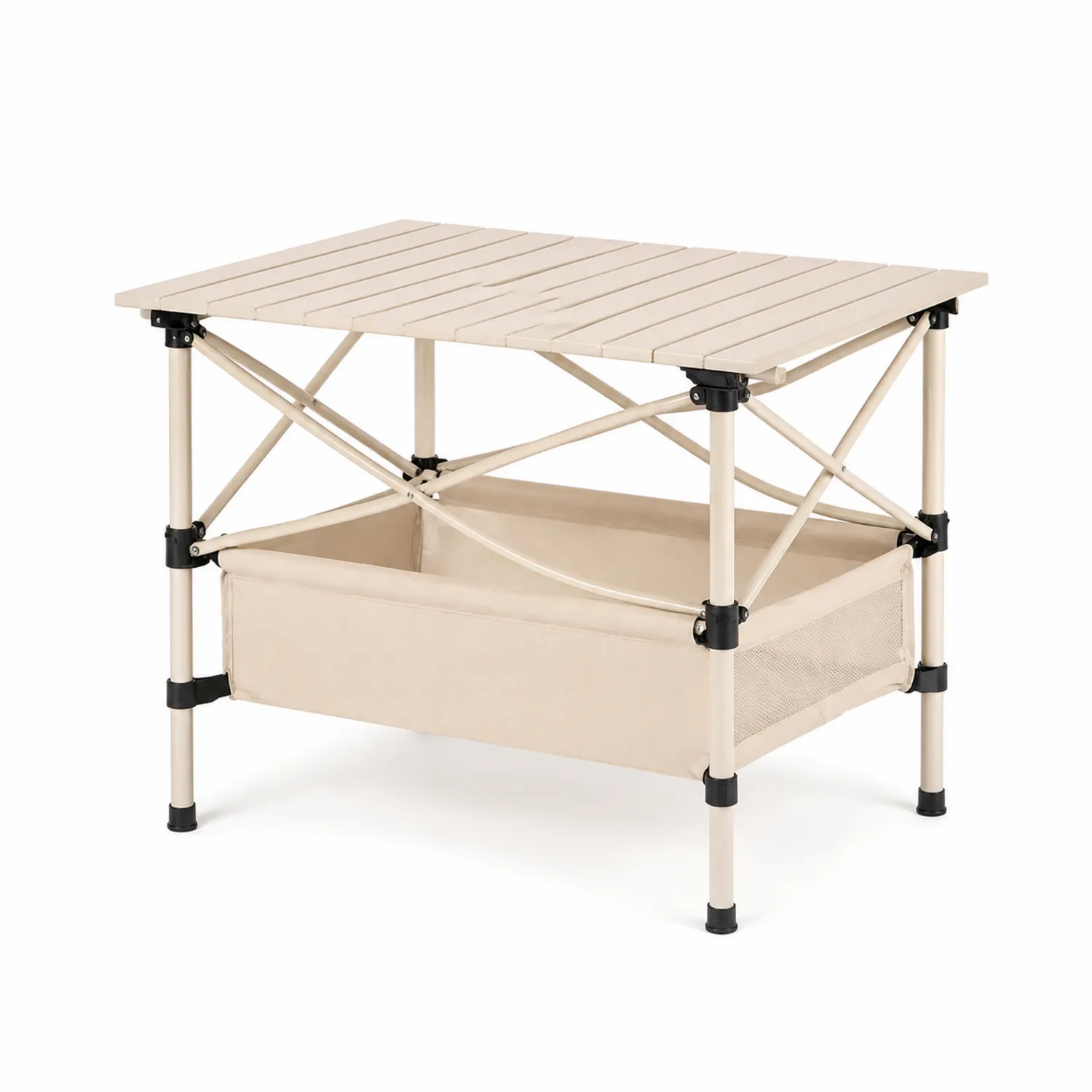 Mesa plegable de aluminio con estante de poliéster 60x45x55 cm Beige