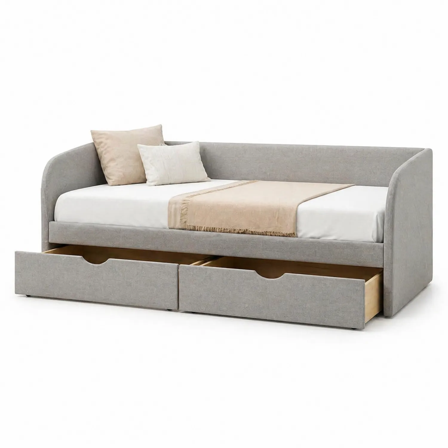 Sofá cama de tela gris claro con almacenamiento