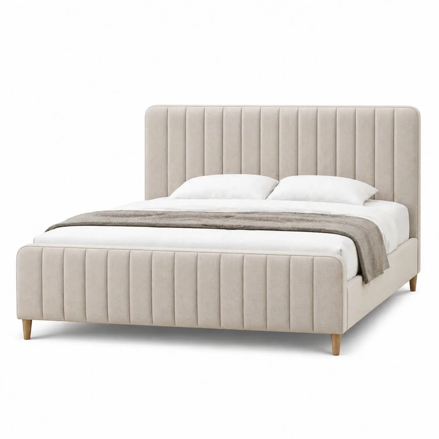 Cama doble de tela de poliéster beige con patas de madera