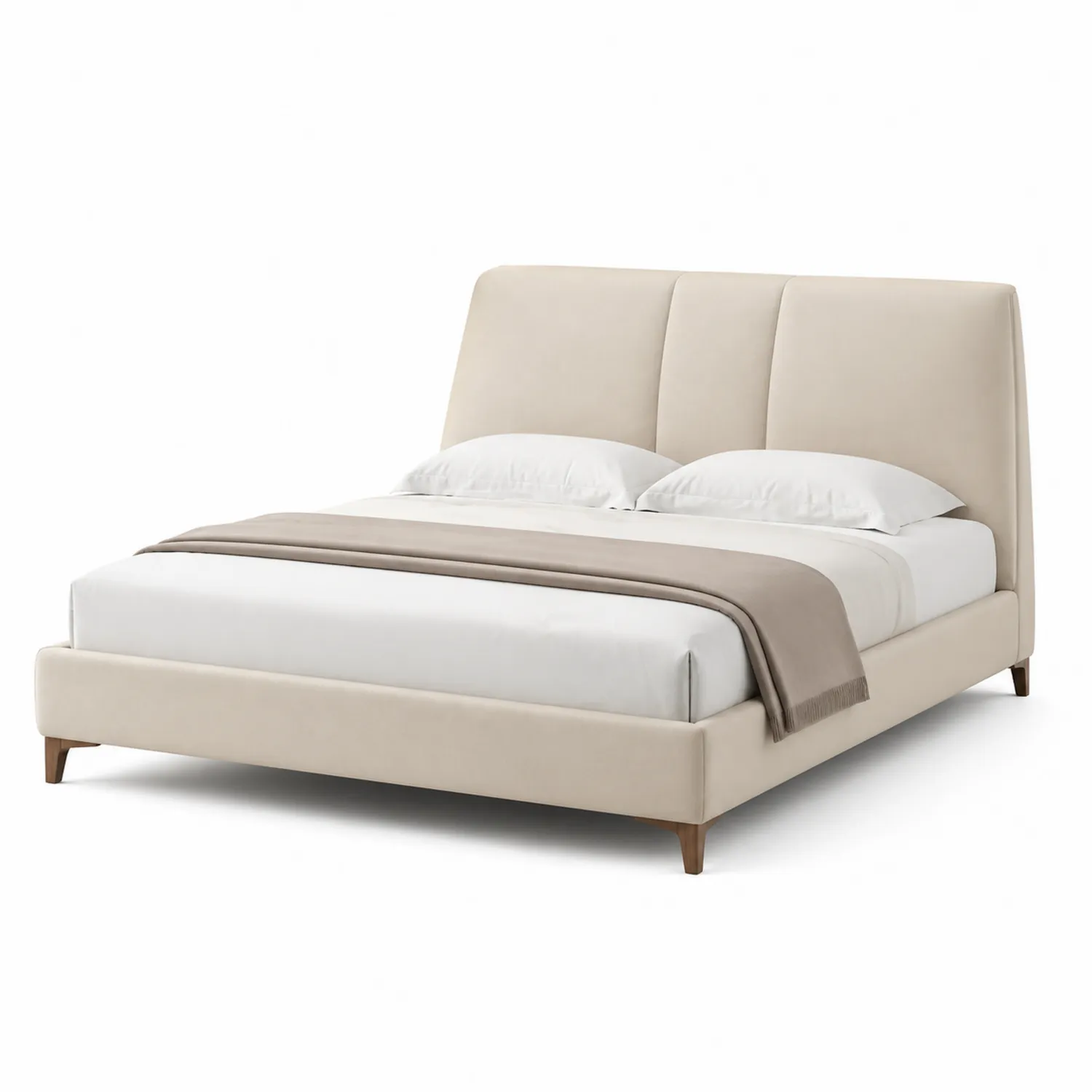 Cama doble de poliéster beige con estructura y patas de madera 200x160 cm