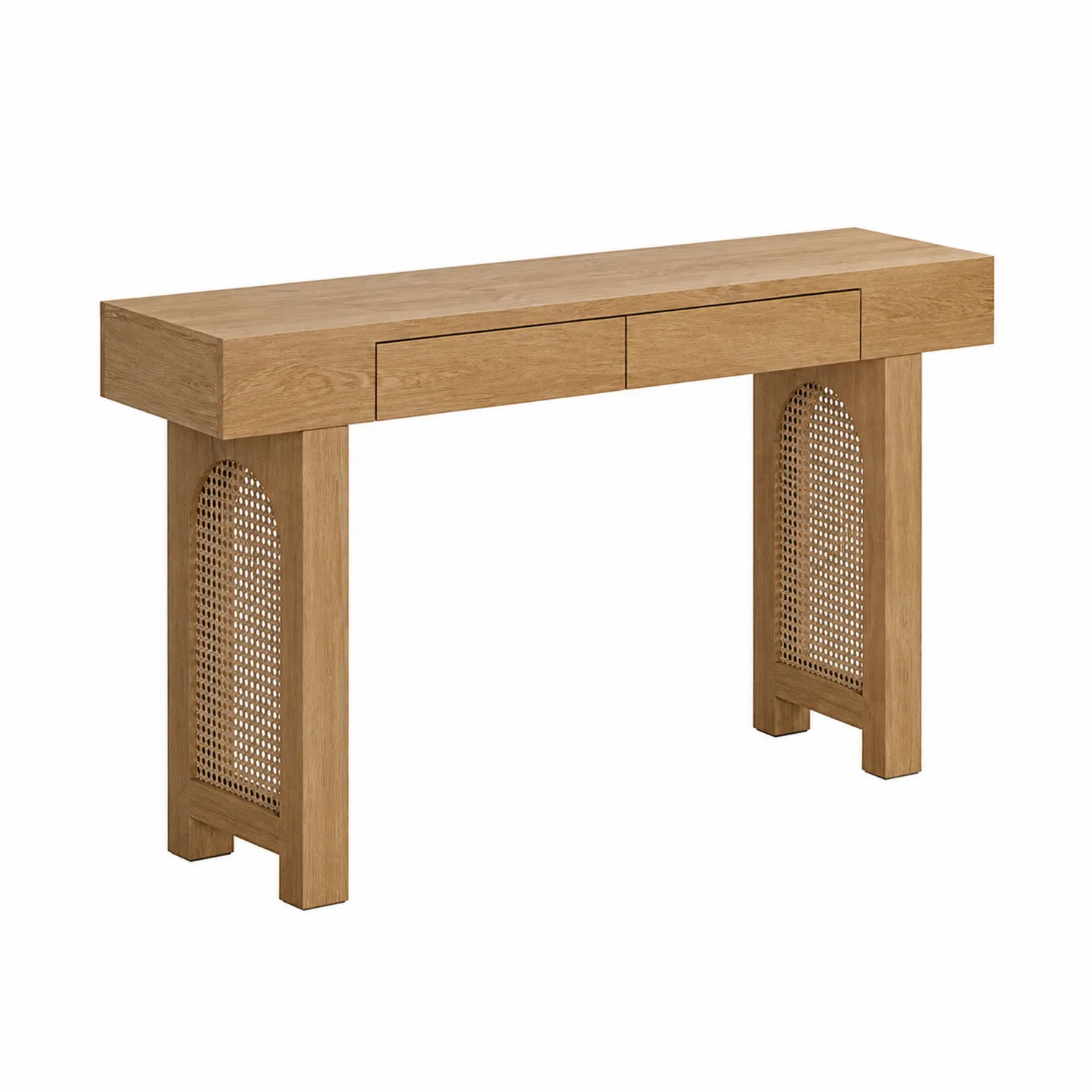 Consola de Madera de Roble con Cajones y Patas de Ratán