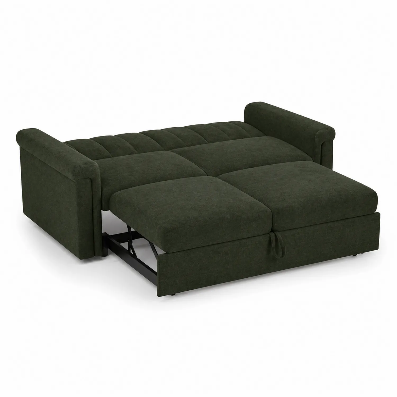 Sofá cama de tela verde con estructura de metal