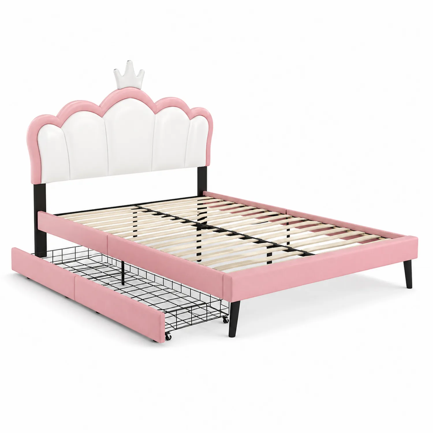 Cama infantil de madera y metal con cabecero de cuero sintético Rosa y Blanco