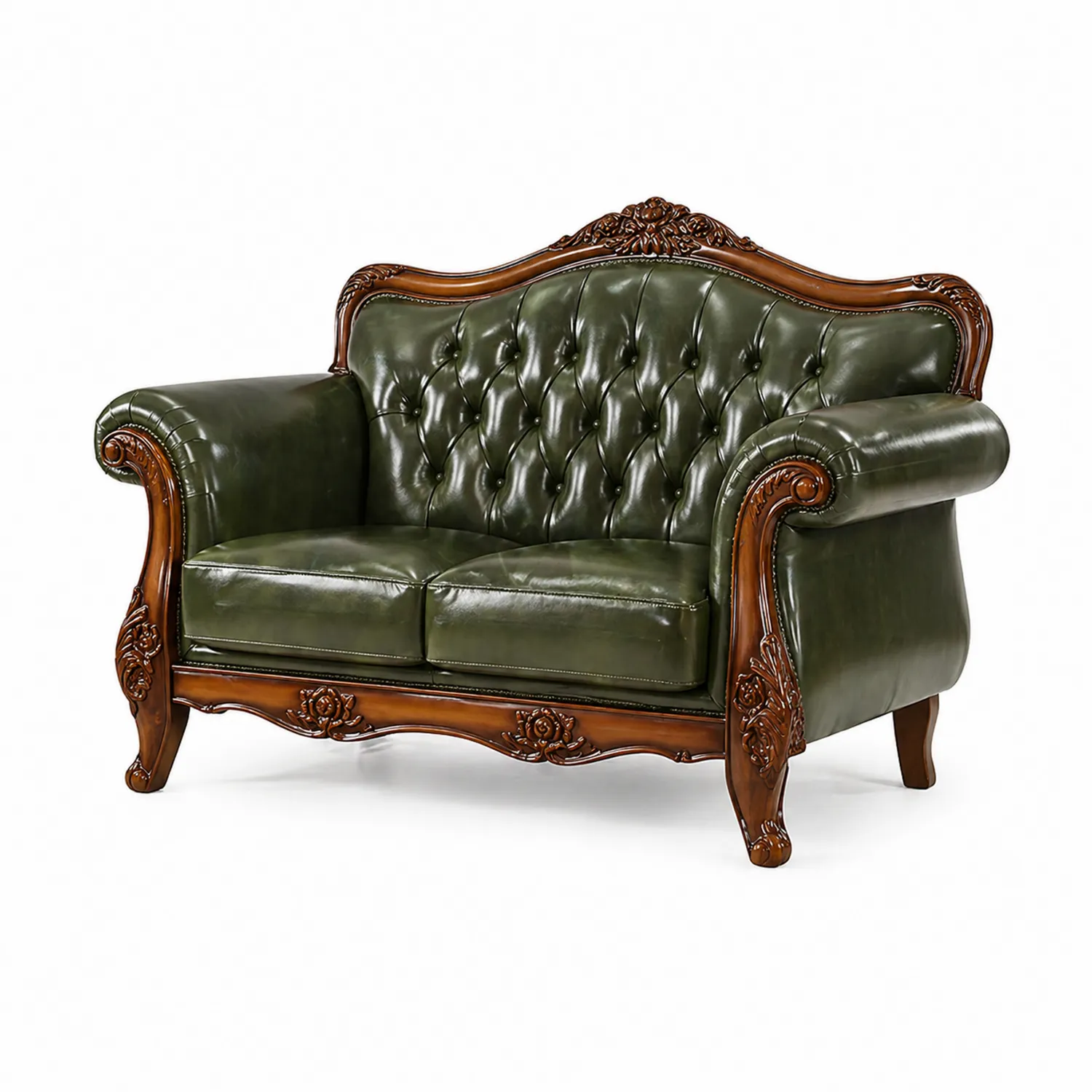Sofá Clásico de Madera y Cuero PU Verde