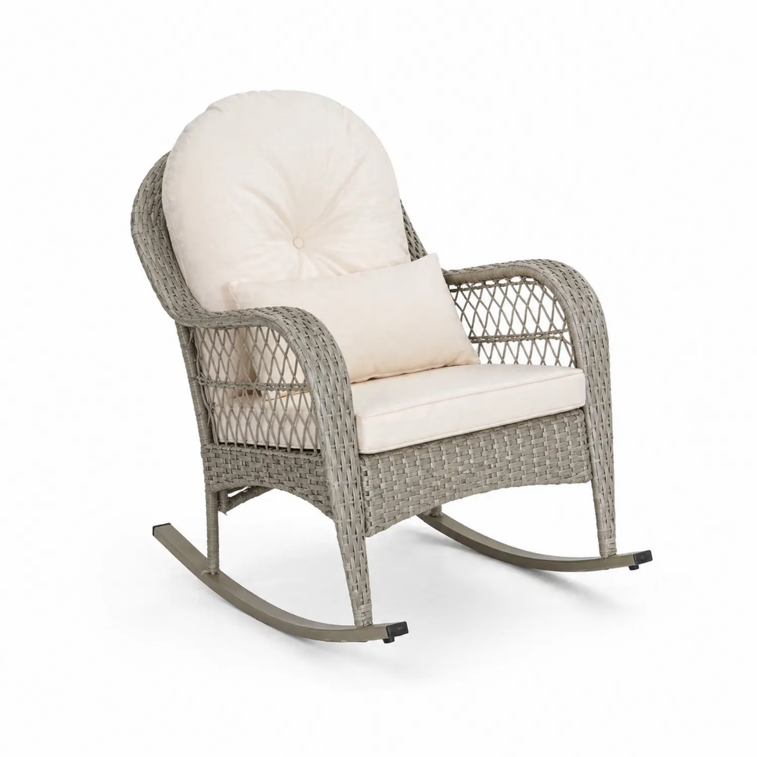 Mecedora de Ratán Sintético con Cojines Beige y Estructura de Metal Gris