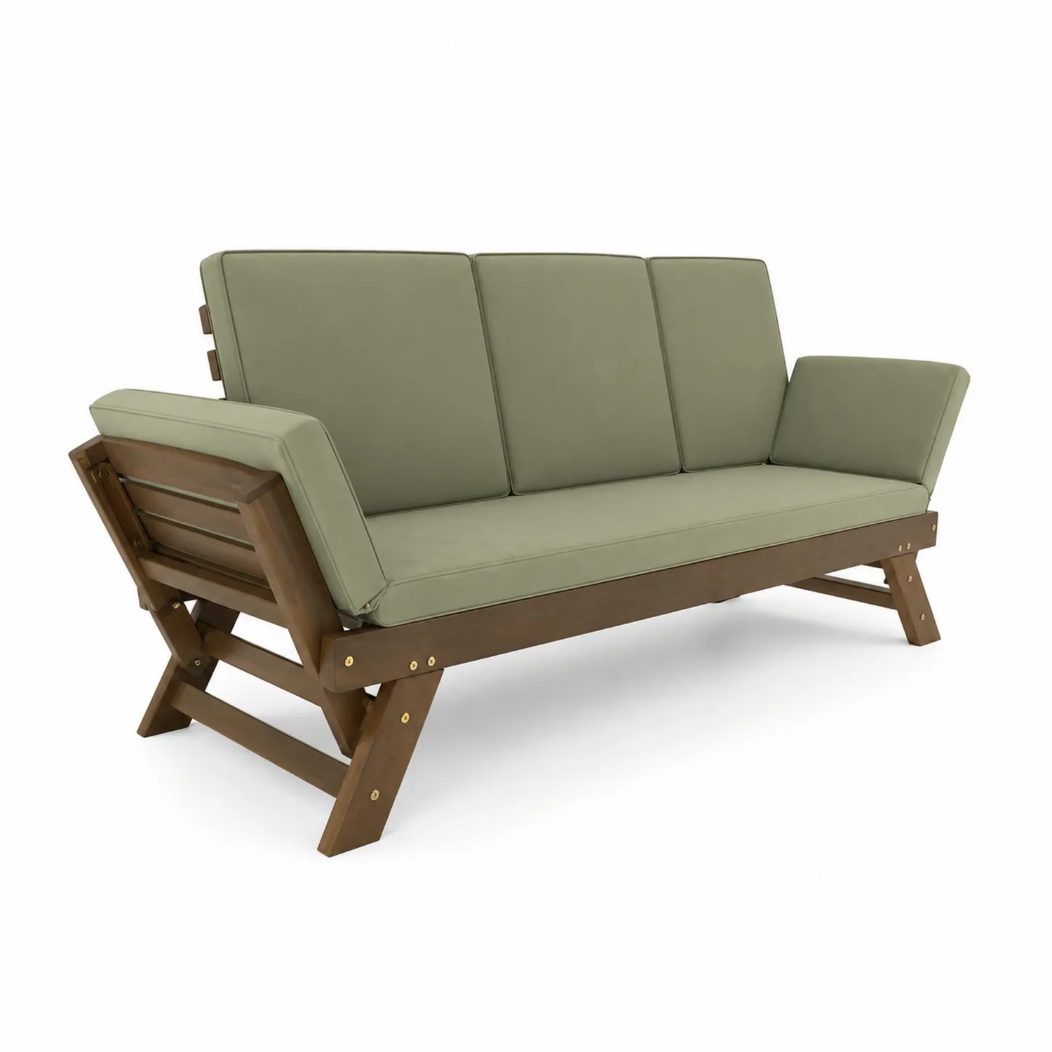 Sofá de madera con cojines de poliéster verde 190x80x75 cm